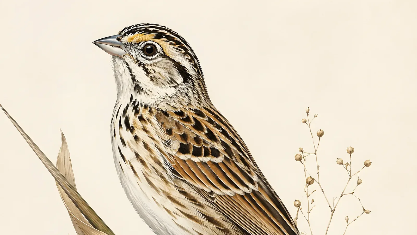 Bachman's Sparrow singing from a low pine branch above a burned longleaf savanna, in the Audubon style