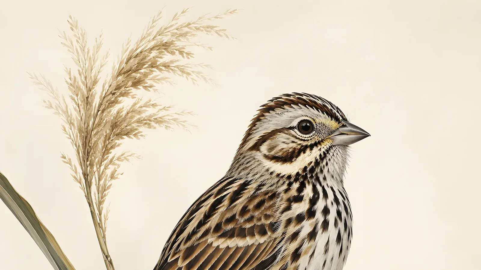Baird's Sparrow perched on a grass stem in mixed-grass prairie, showing ochre crown stripe and fine necklace of chest streaks, in the Audubon style