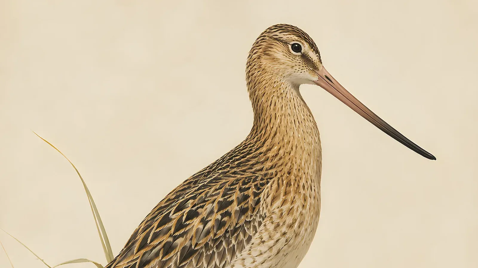 Bar-tailed Godwit probing a tidal mudflat, long upswept bill angled into wet sand, in the Audubon field-guide tradition