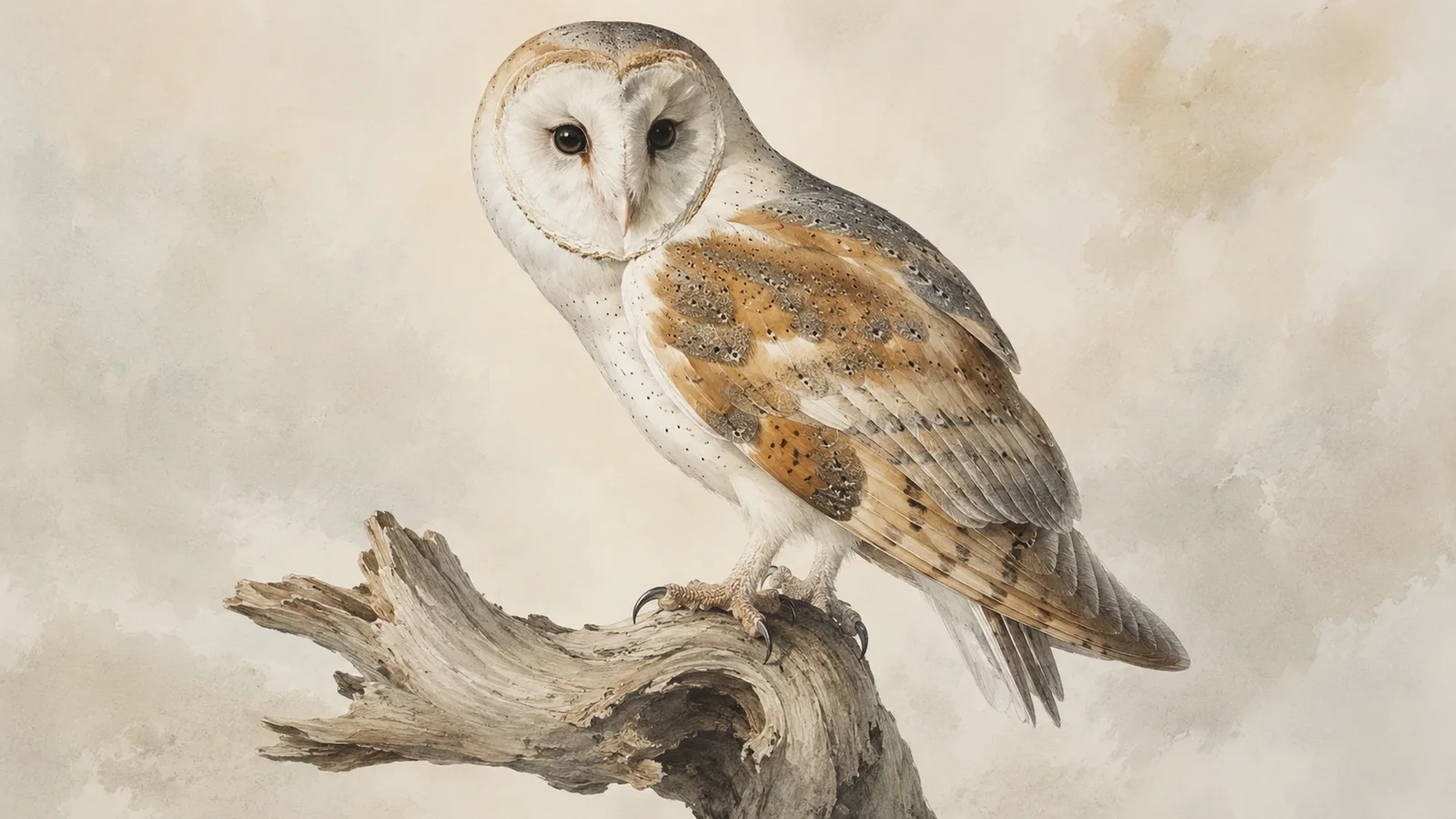 American Barn Owl perched at the entrance of a weathered barn, heart-shaped facial disc facing forward, in the Audubon style