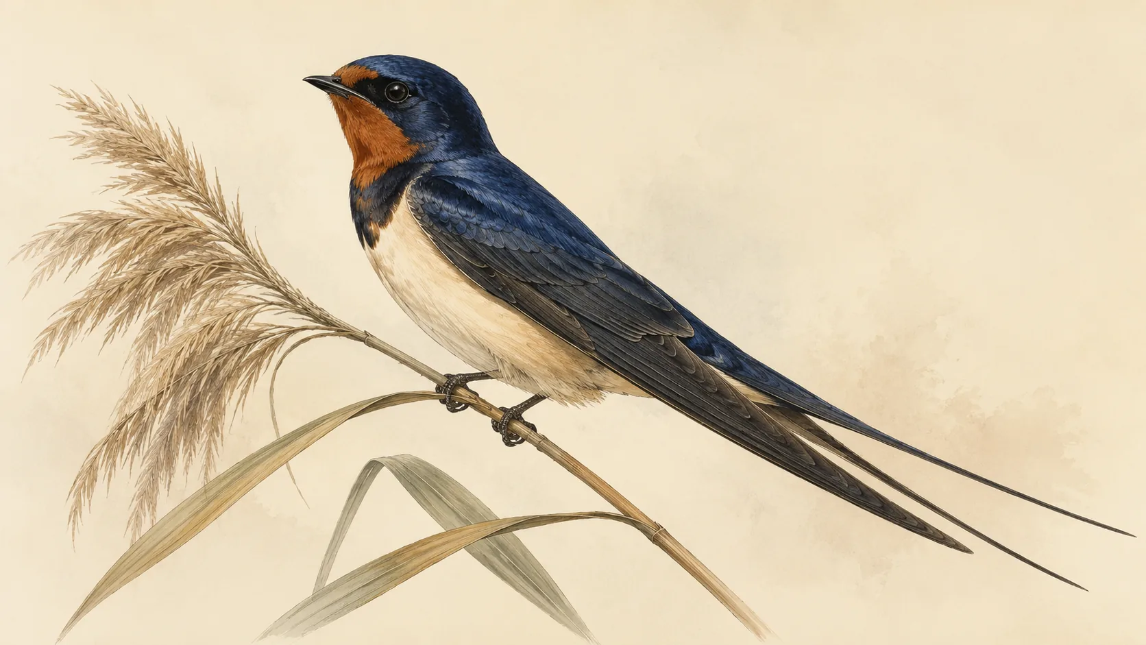 Barn Swallow perched on a wire with forked tail spread, in the Audubon style