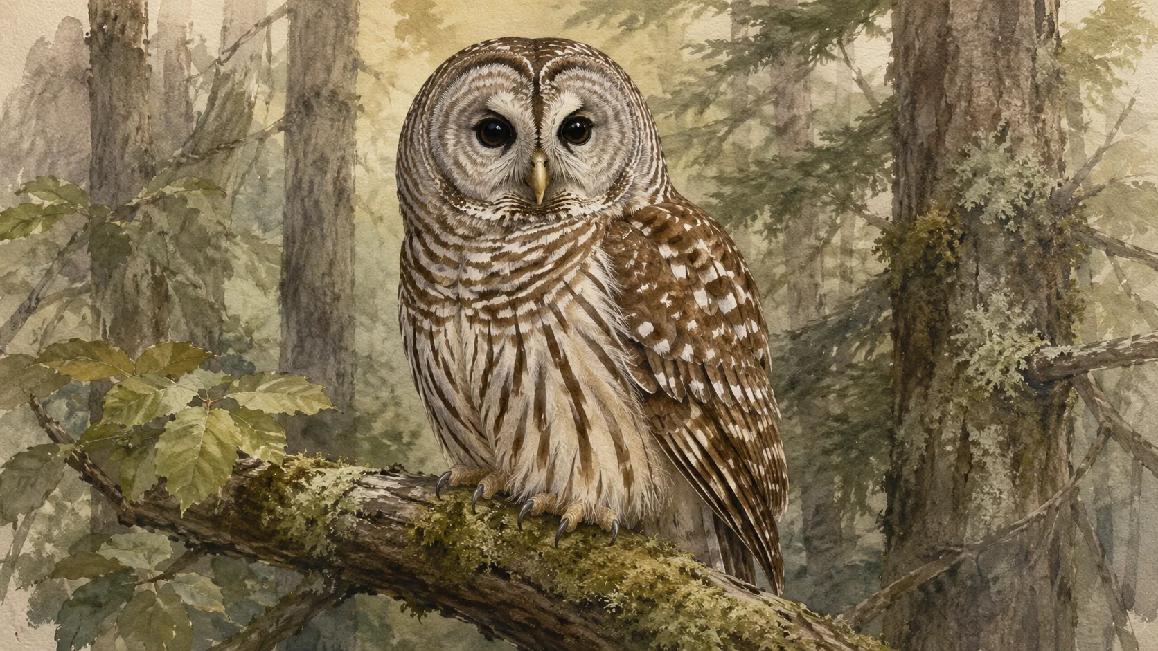 Barred Owl perched on a mossy branch in deep woodland, soft dark eyes and barred breast, in the Audubon style