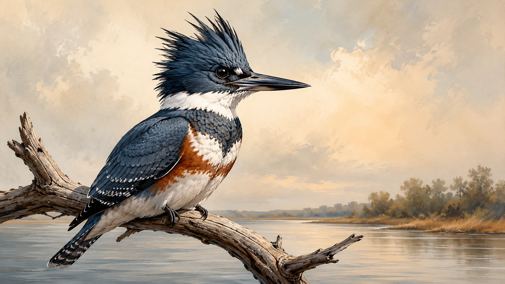 Belted Kingfisher perched on a bare branch over water, shaggy double crest and heavy dagger bill, in the Audubon style