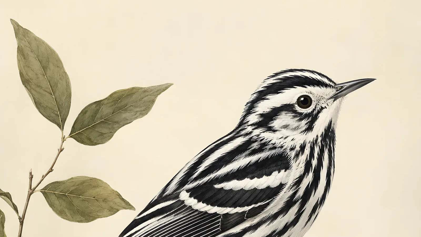 Fine-art plate of a male Black-and-white Warbler creeping headfirst down a lichen-covered oak trunk, in the Audubon style