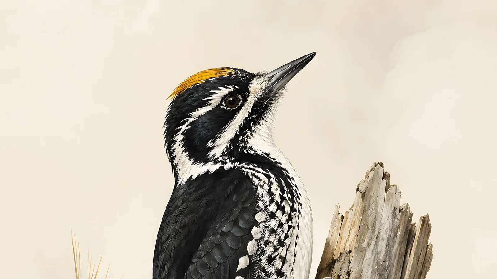 Black-backed Woodpecker foraging on a fire-scorched trunk, male's yellow crown patch visible, in the Audubon style