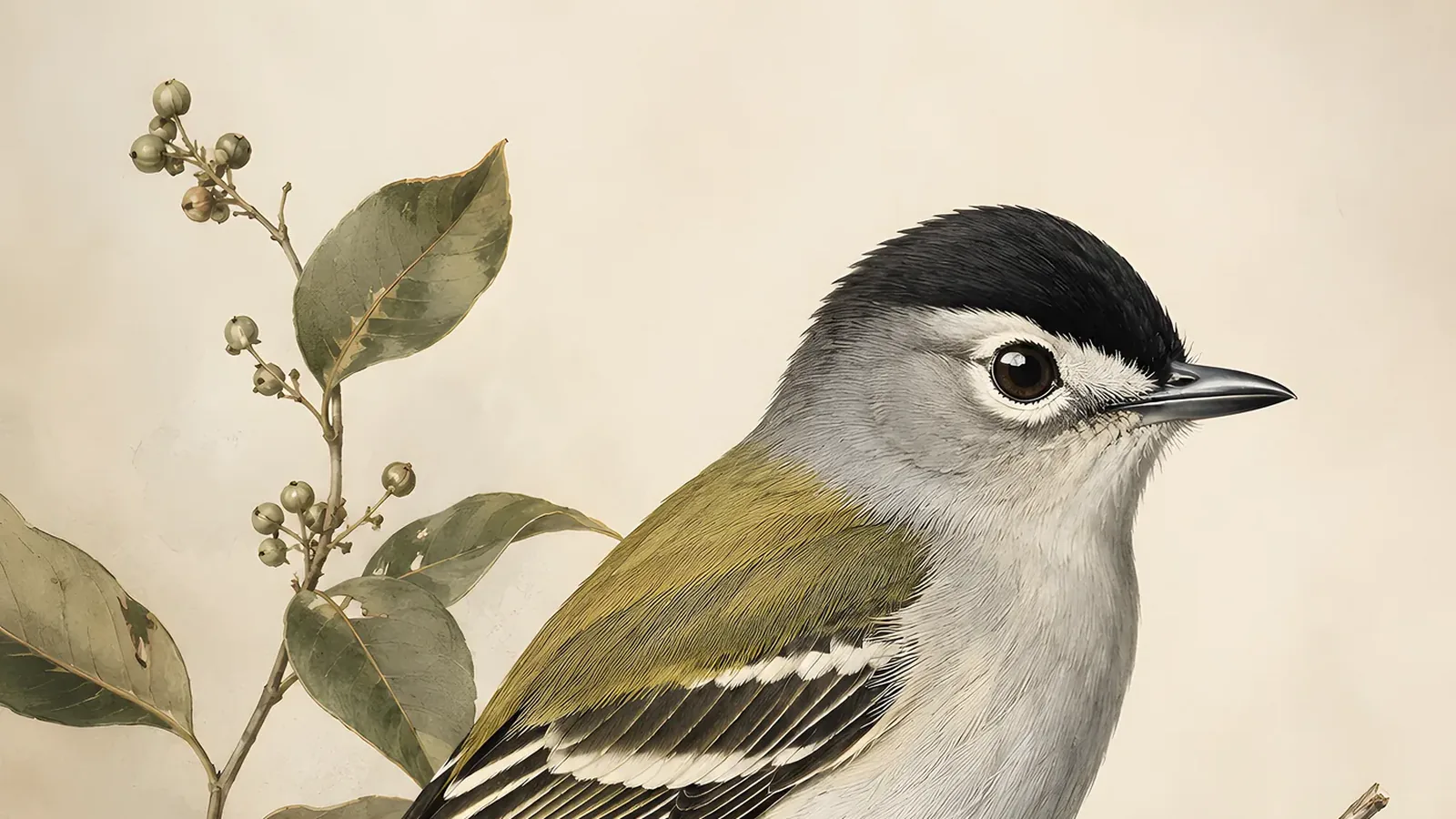 Male Black-capped Vireo perched in shin oak scrub, glossy black cap and bold white spectacles distinct, in the Audubon field-journal style