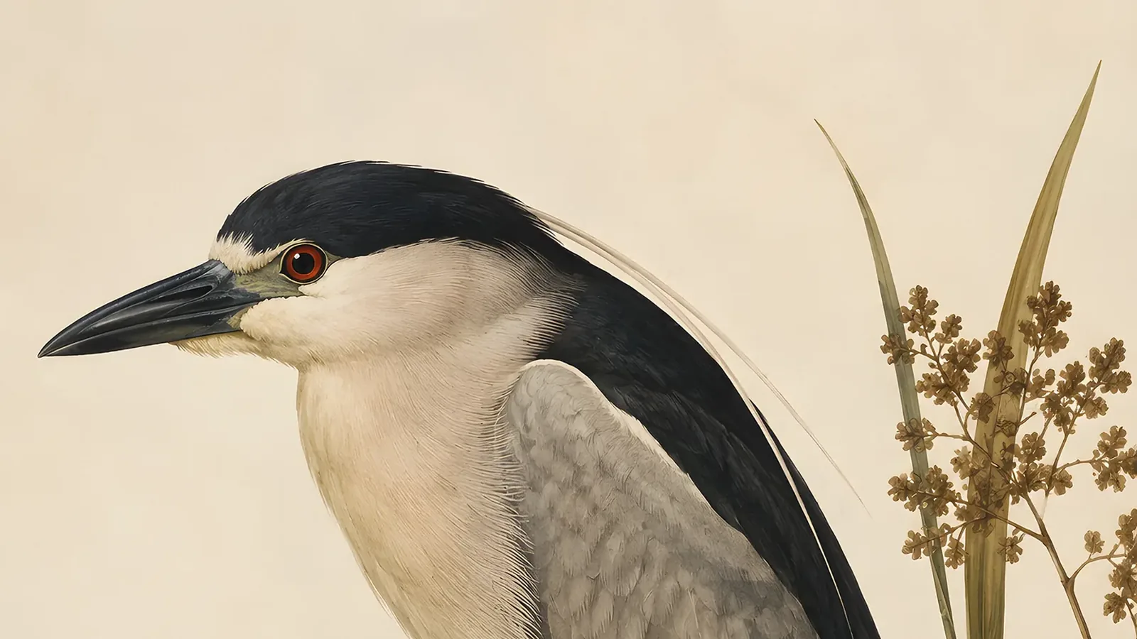 Black-crowned Night-Heron perched at the water's edge at dusk, showing black crown and back, pale gray wings, and deep red eye, in the Audubon style