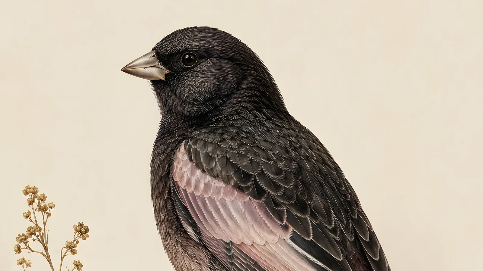 Black Rosy-Finch foraging at the edge of an alpine snowfield, dark plumage with rose-pink wing patches visible, in the Audubon style