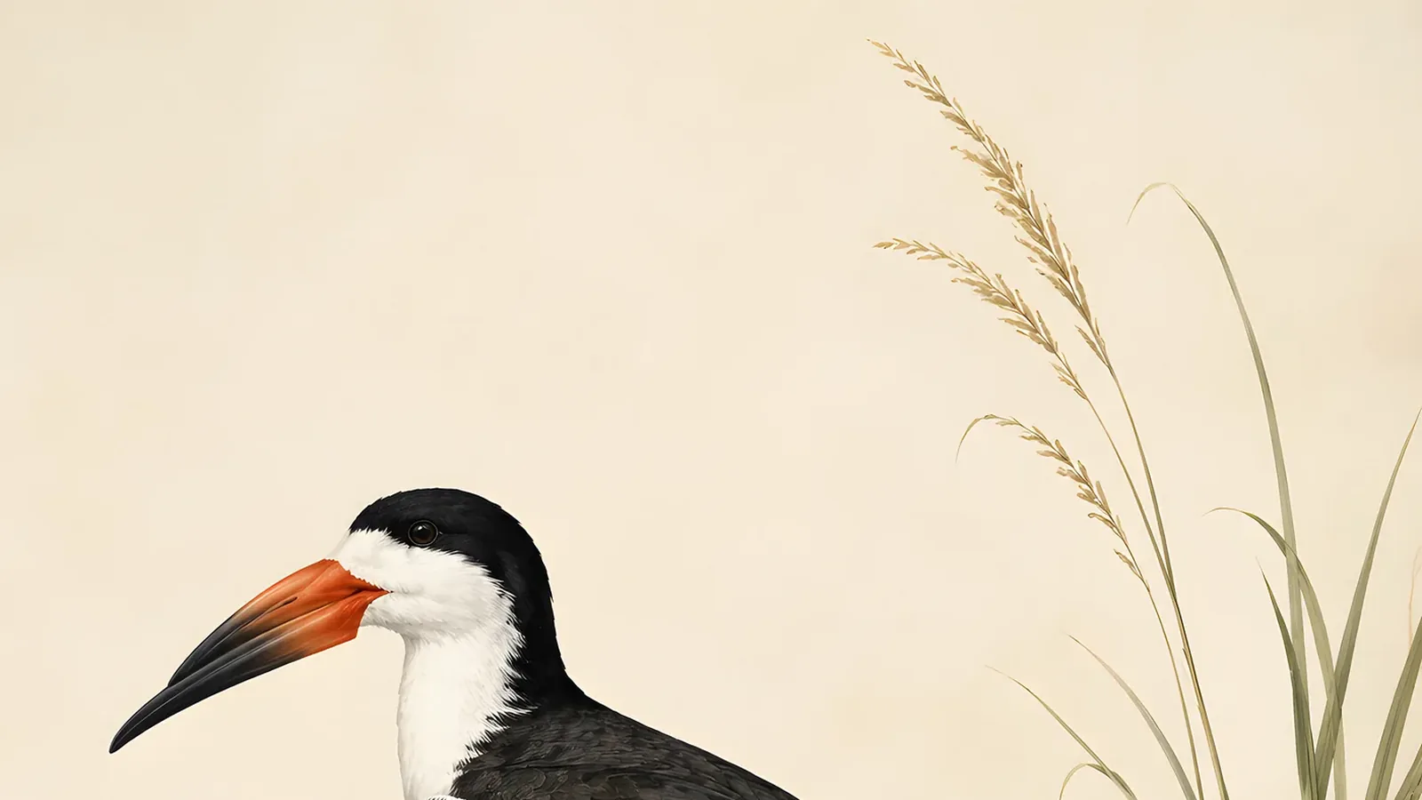 Black Skimmer in flight low over calm water at dusk, lower mandible slicing the surface, in the Audubon style