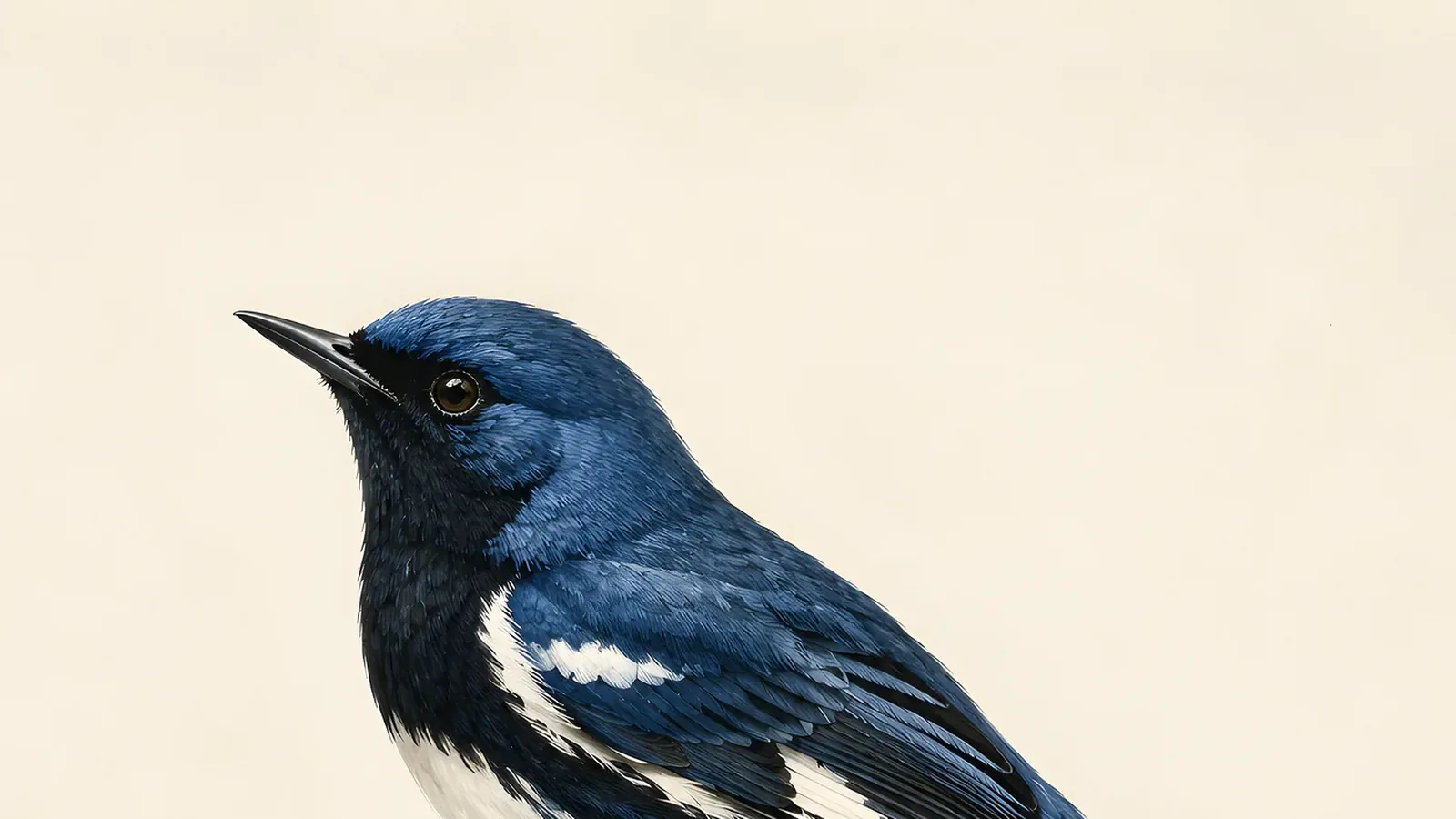 Male Black-throated Blue Warbler perched in dappled understory shade, midnight blue above, black throat, white belly, white wing square visible