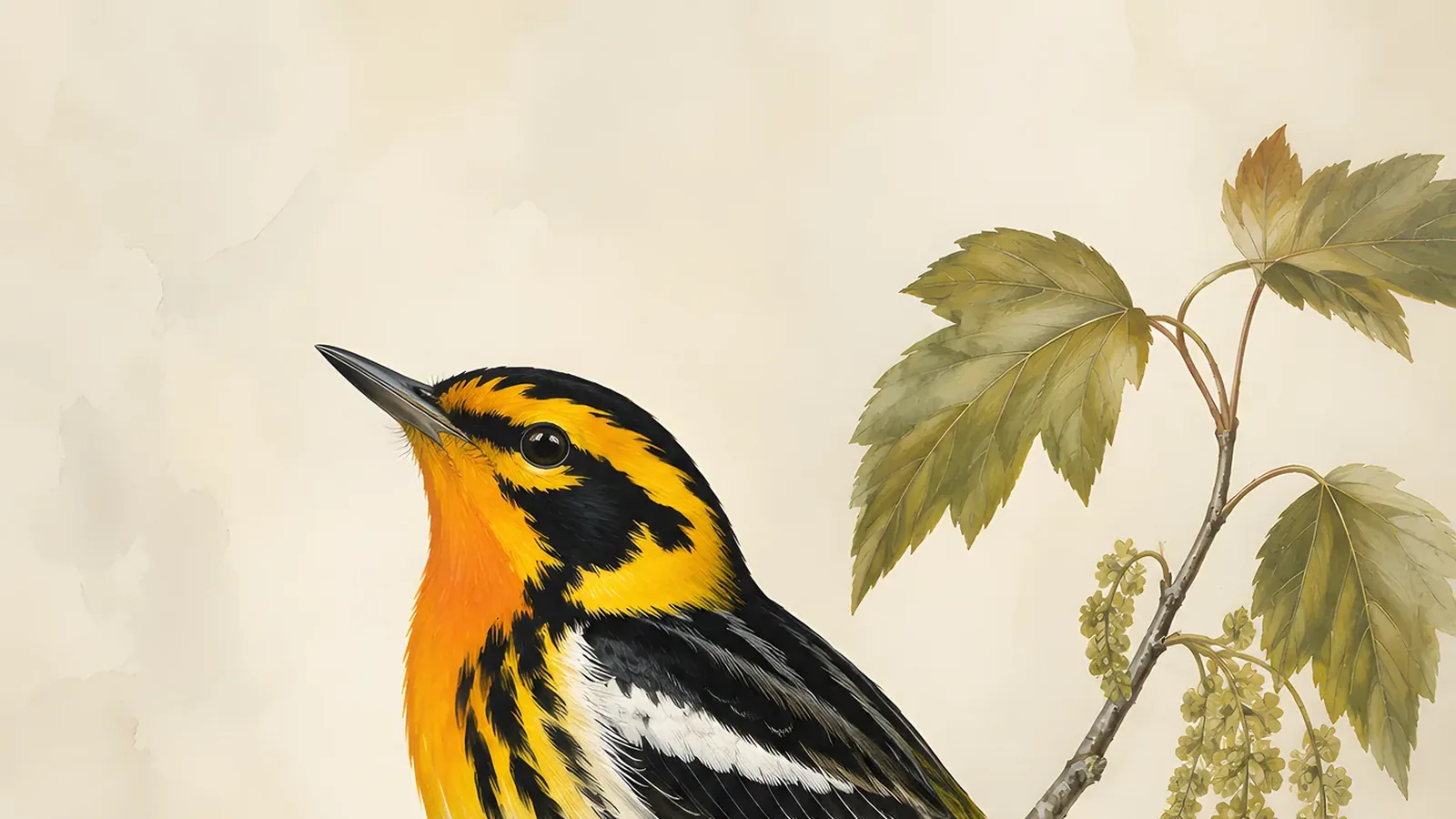 Male Blackburnian Warbler in breeding plumage, flaming orange throat against jet-black back and white wing panels, perched at the tip of a spruce spire, in the Audubon style