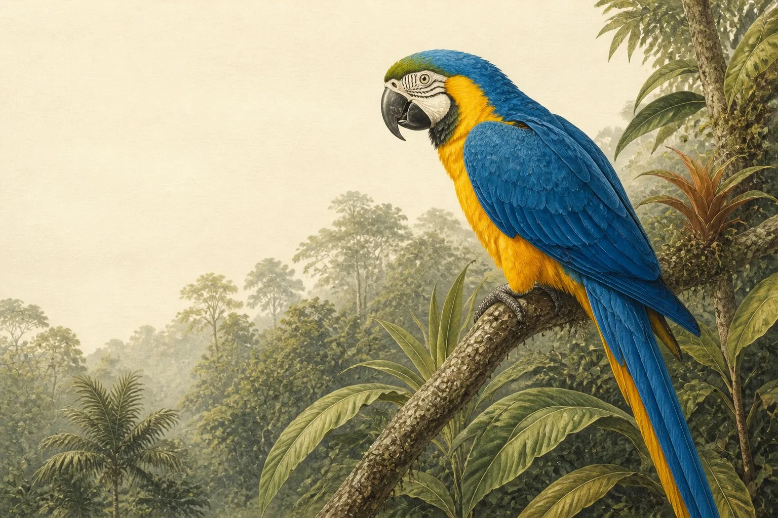 Blue-and-yellow Macaw perched on a palm snag above a South American river, wings half-spread, in the Audubon style