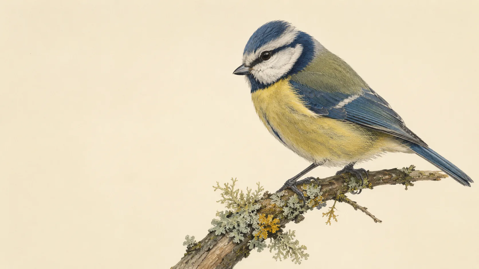 Blue Tit perched on a lichen-covered twig, in the Audubon style against a cream ground