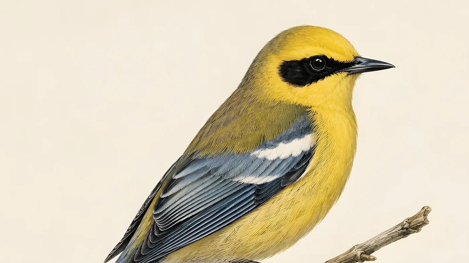 Fine-art plate of a male Blue-winged Warbler perched on a scrub willow stem, bright yellow body and blue-grey wings, in the Audubon style
