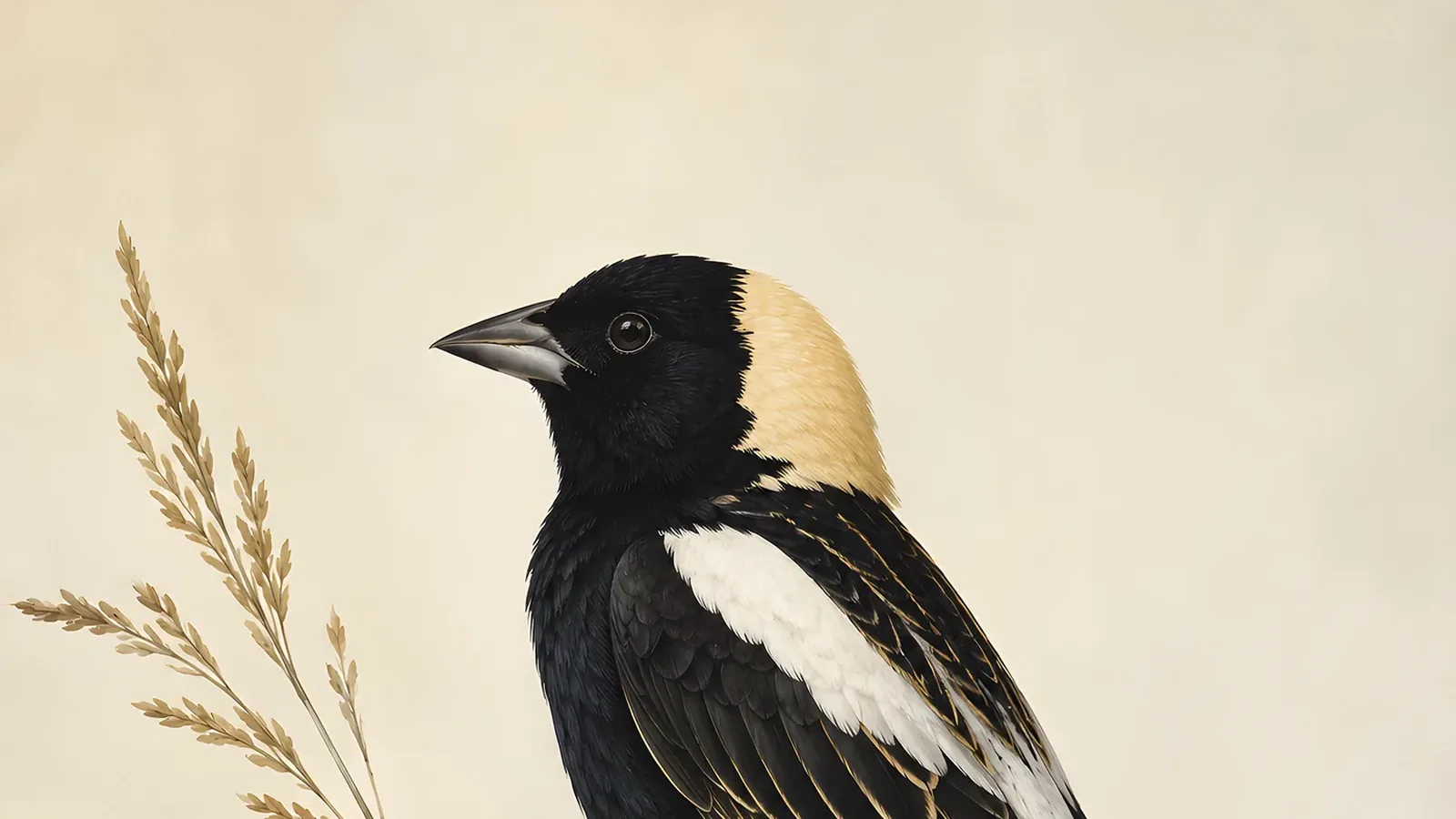Male Bobolink hovering above a hayfield in display flight, black underparts and white back vivid against a summer sky, in the Audubon style