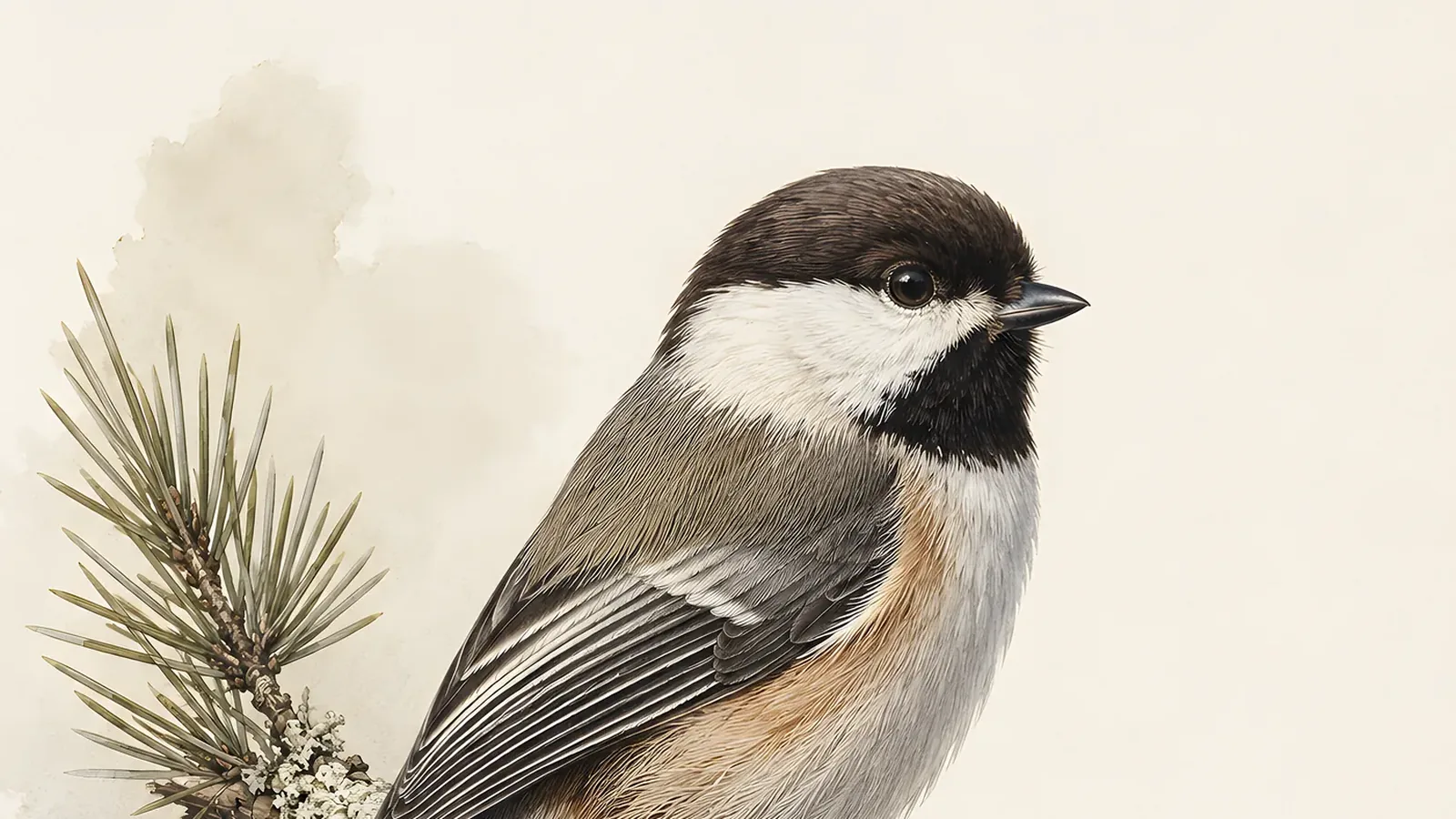 Boreal Chickadee clinging to a snow-laden black spruce branch, brown cap and rufous flanks rendered in the Audubon field tradition