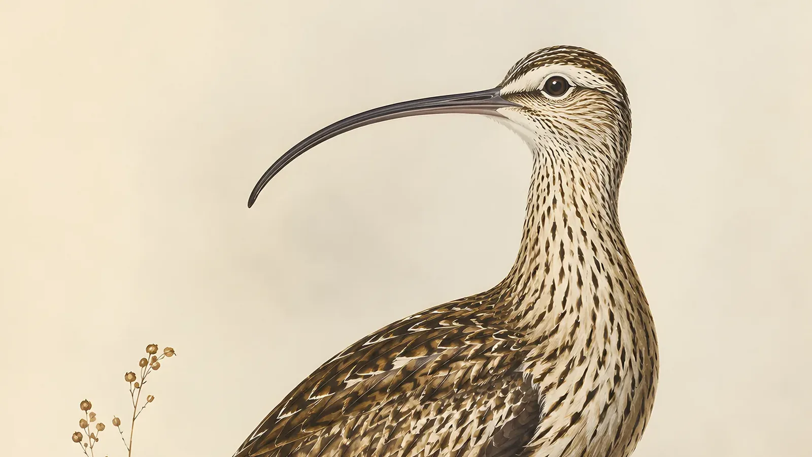Bristle-thighed Curlew standing on a Pacific atoll shoreline, long decurved bill angled toward the sand, in the Audubon field-guide tradition