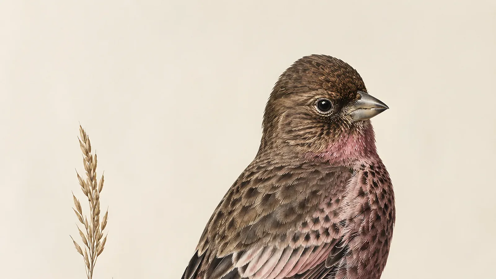 Fine-art plate of a Brown-capped Rosy-Finch on alpine tundra, all-brown head and rosy-flushed wings, in the Audubon tradition