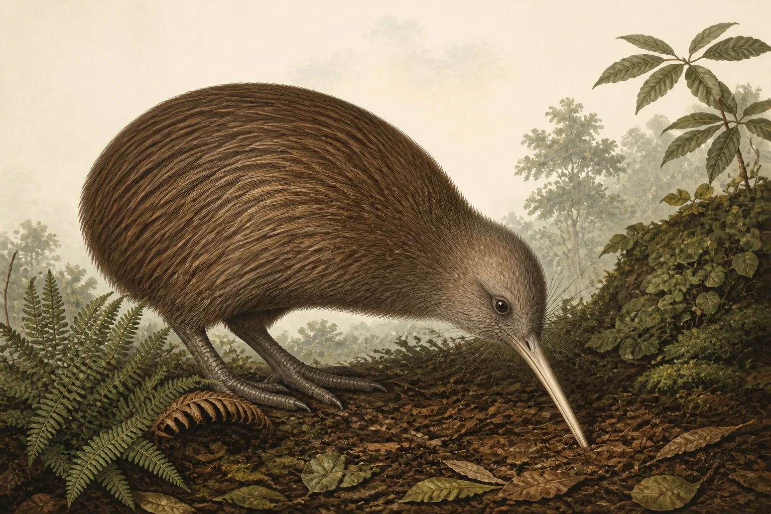 North Island Brown Kiwi foraging at night on a forest floor in New Zealand, in the Audubon style