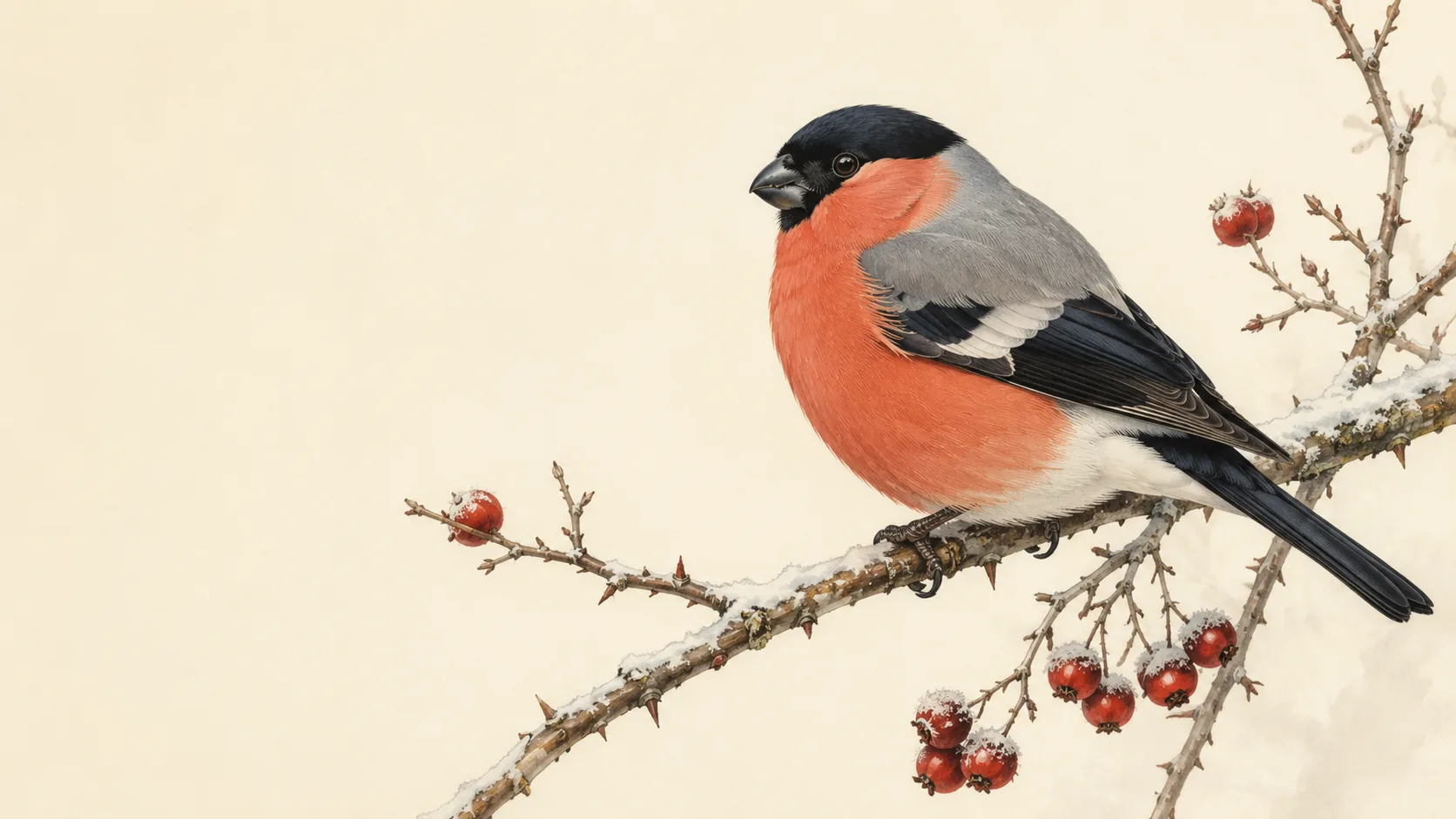 Male Bullfinch perched on a hawthorn branch in winter, in the Audubon style