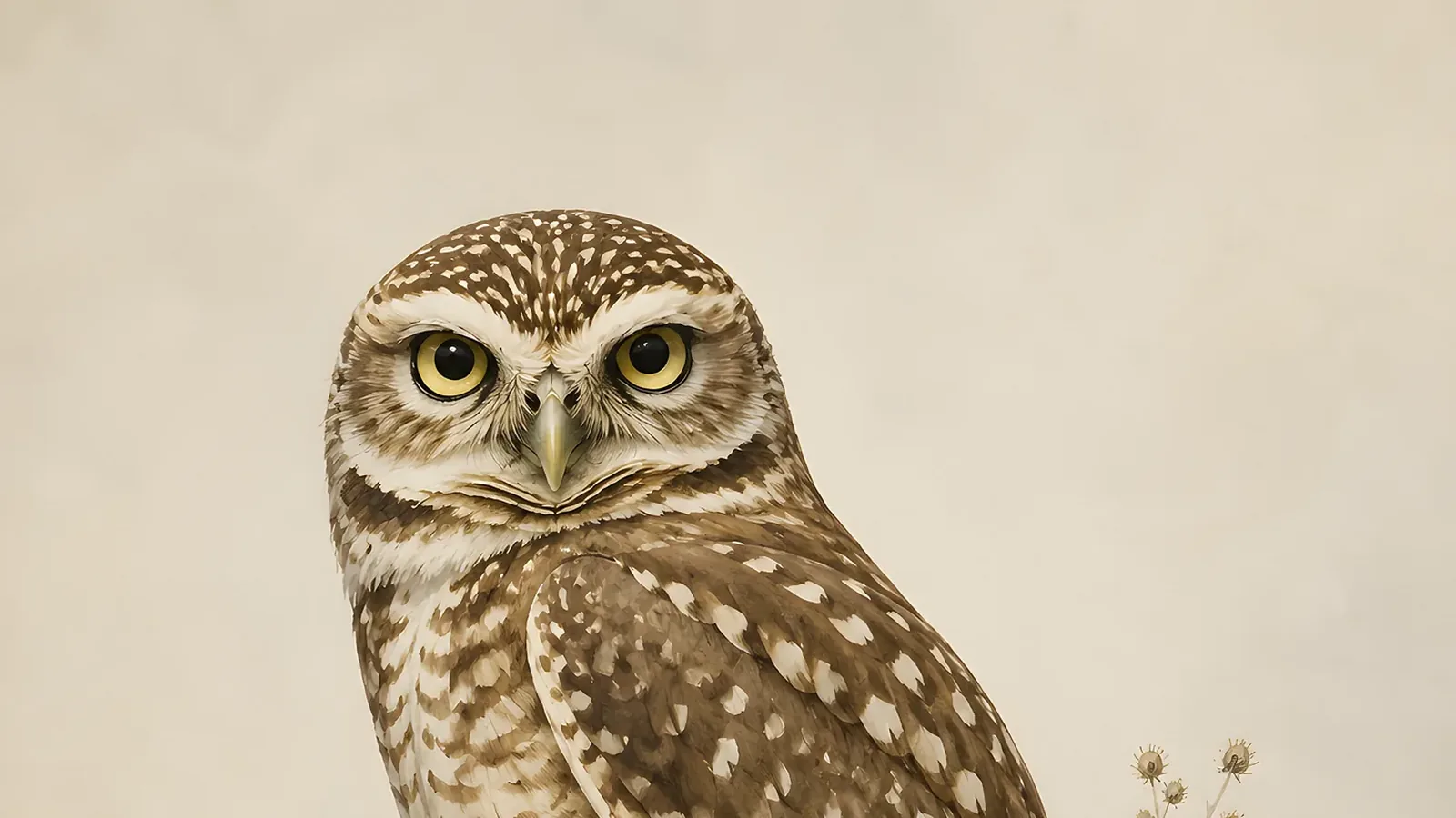 Burrowing Owl standing at the entrance to its burrow on an open prairie, long legs extended, in the Audubon style