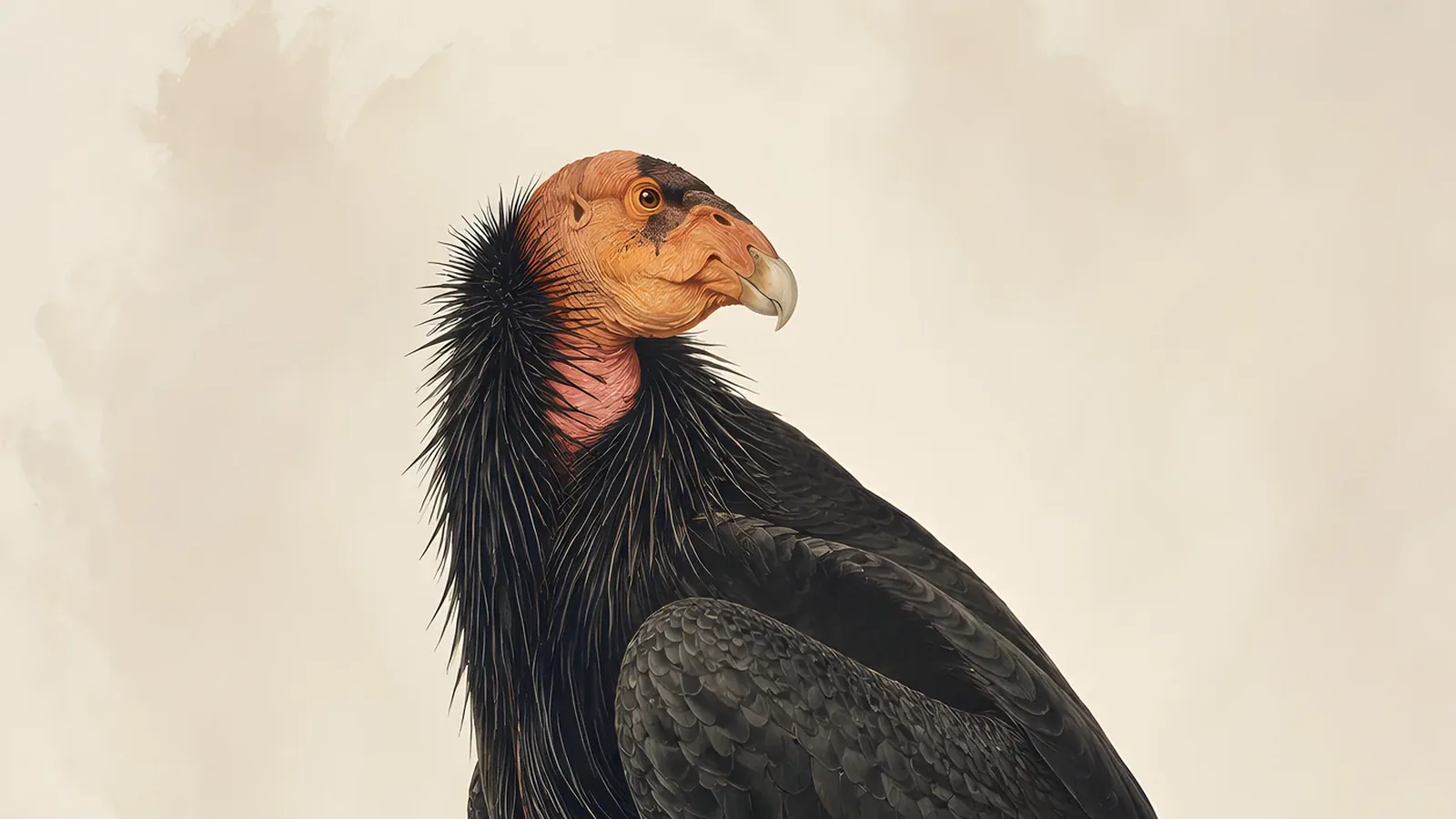 California Condor in full soar over canyon country, massive black wings spread wide against a pale sky, orange-red bare head visible, in the Audubon tradition
