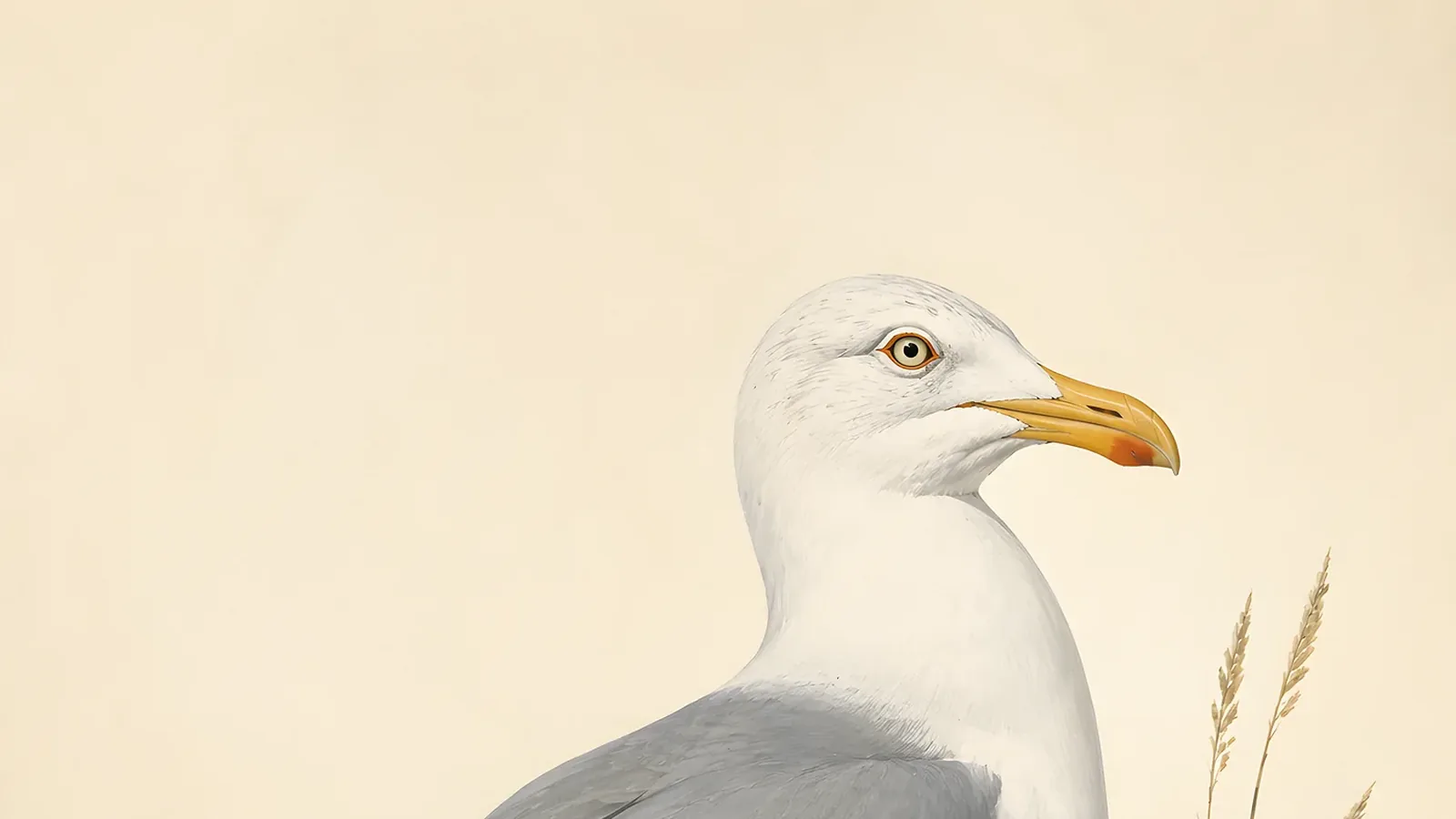 Audubon-style fine-art print of a California Gull in breeding plumage standing on a lake shore
