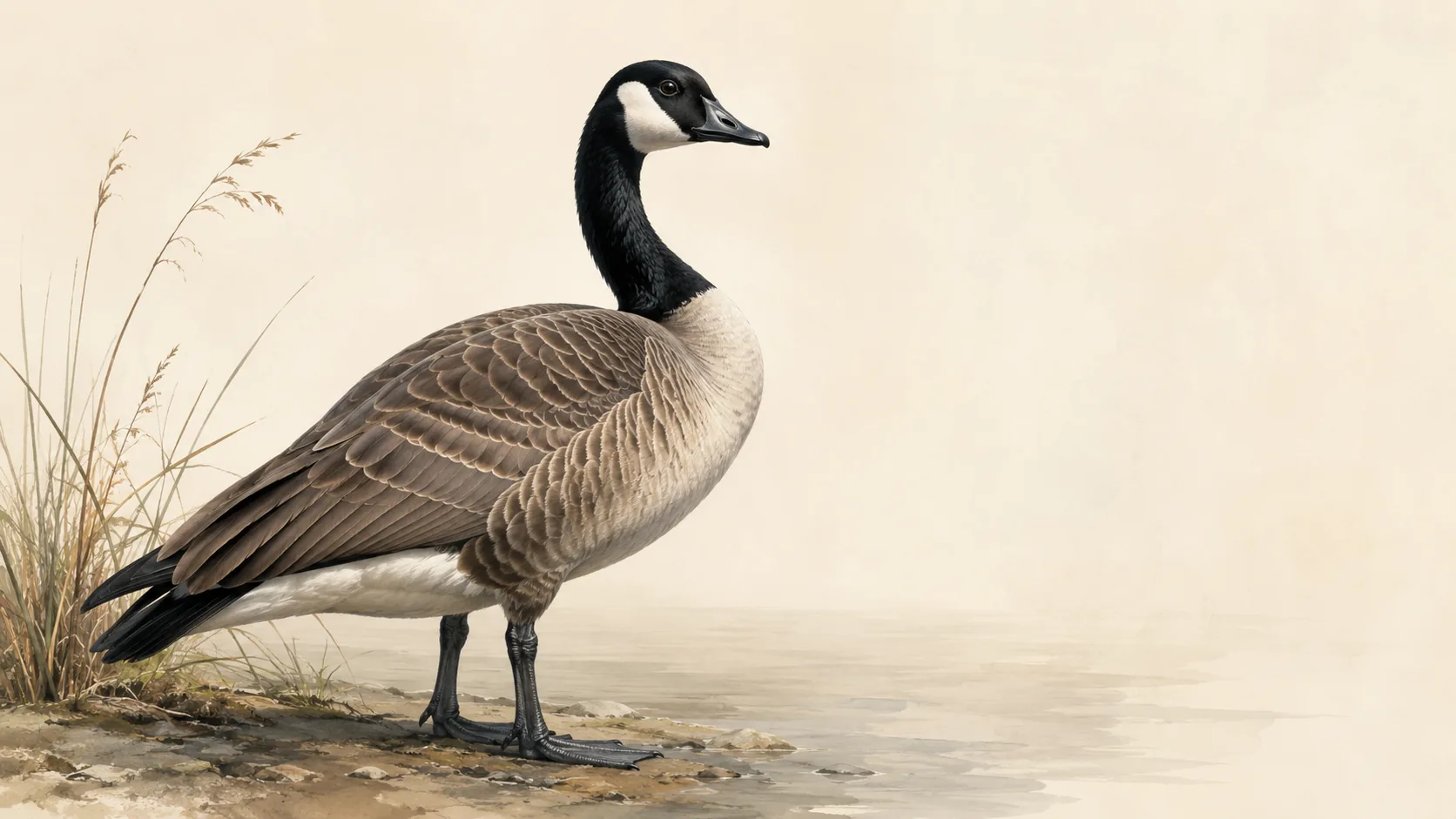 Canada Goose standing at the water's edge with black head and white chinstrap visible, in the Audubon style