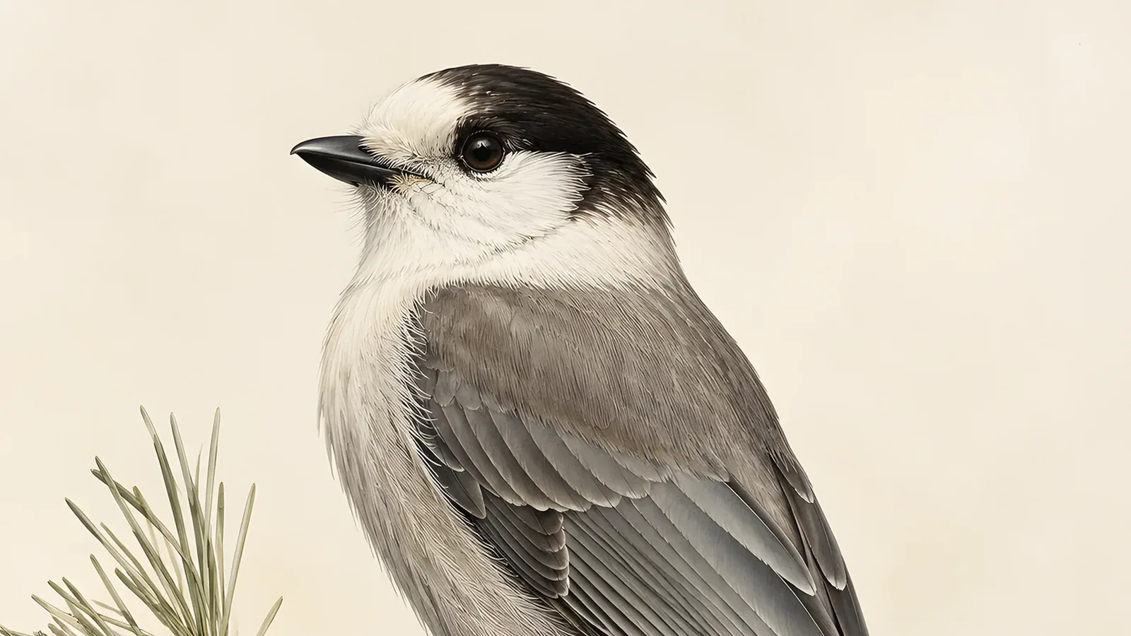 Canada Jay perched on a snow-laden spruce bough, soft grey plumage catching winter light, in the Audubon tradition