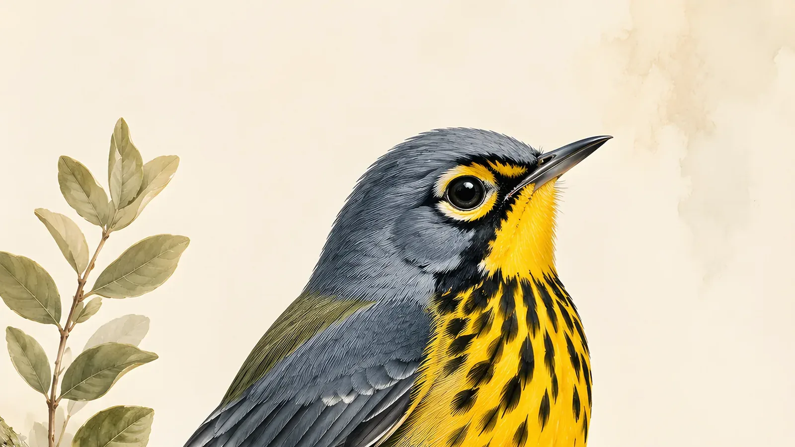 Male Canada Warbler in breeding plumage, black necklace and white spectacles vivid against yellow breast, perched on a mossy branch in damp shrubby understory