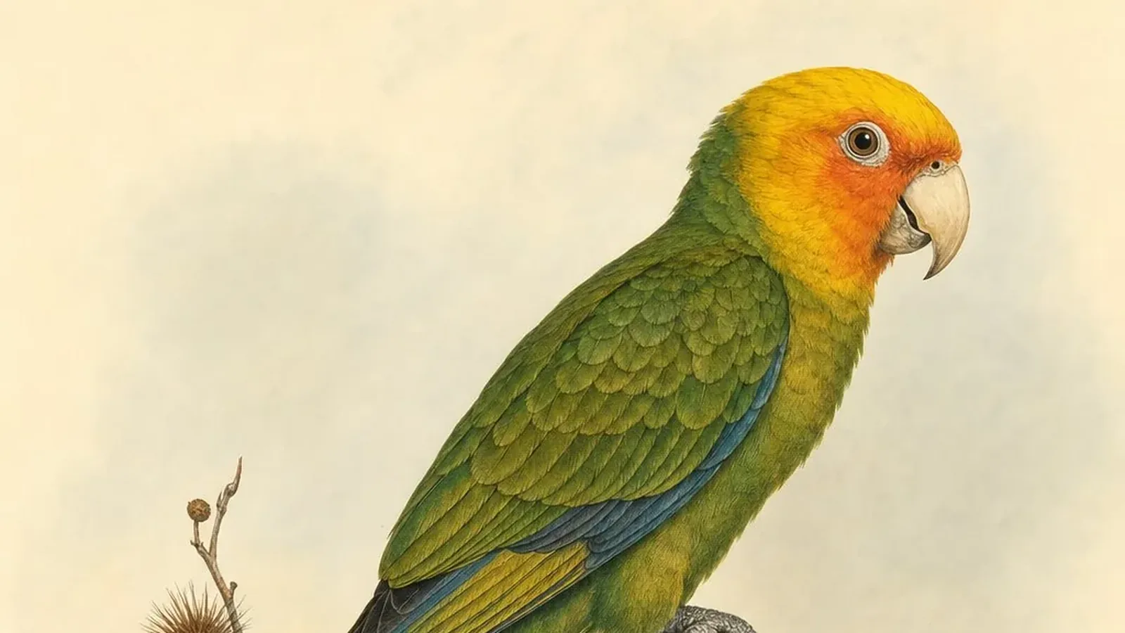 Carolina Parakeet pair perched in a cypress swamp, brilliant green with yellow heads and orange faces, in the Audubon tradition
