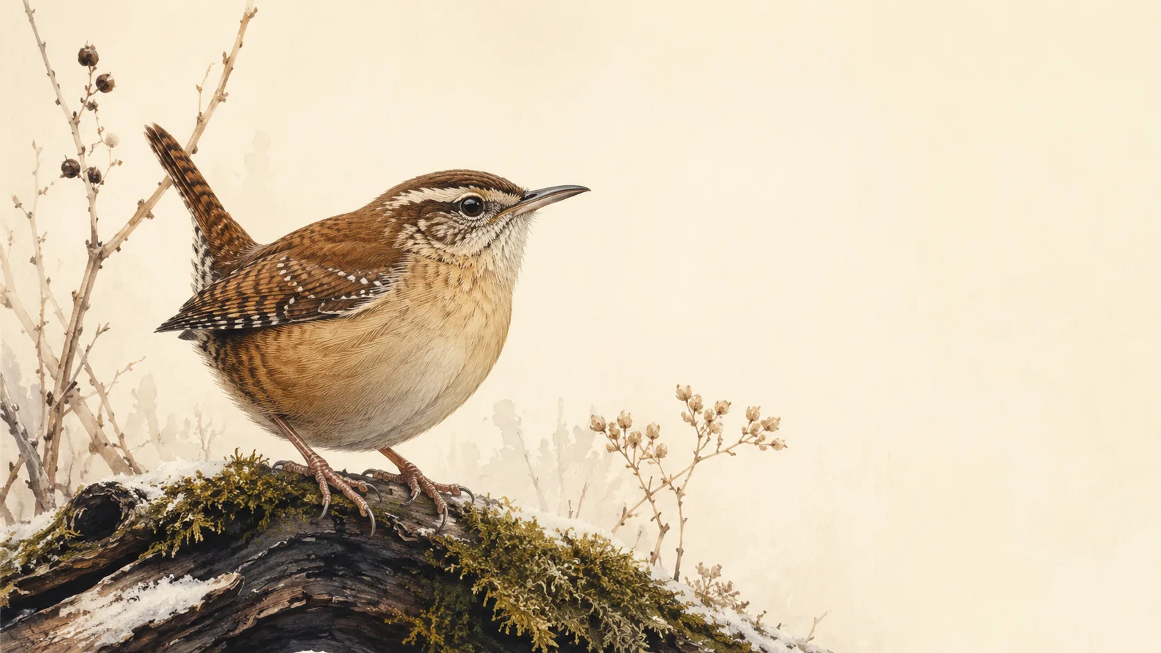 Carolina Wren perched on a mossy log in winter woodland, in the Audubon style