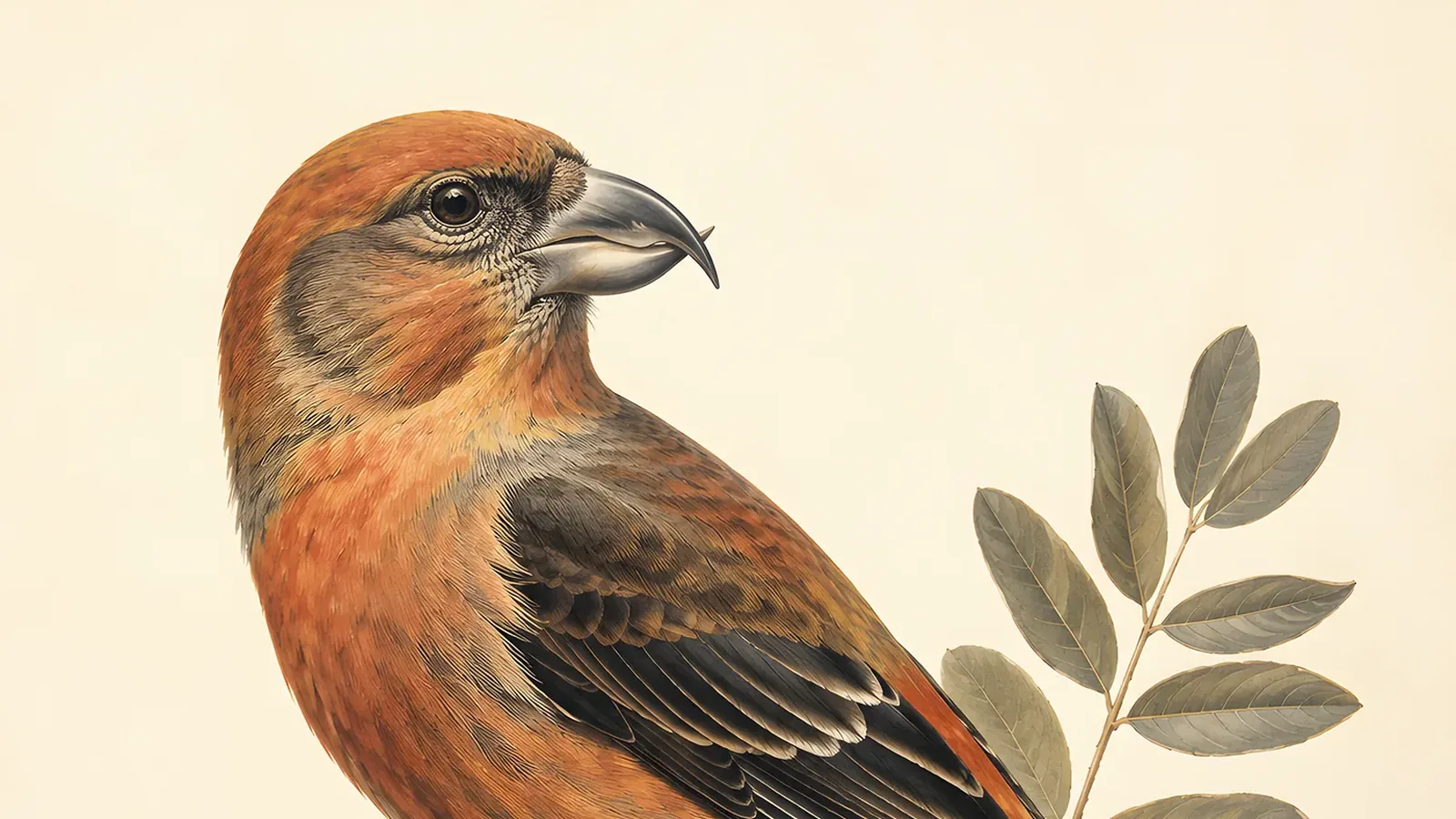 Fine-art plate of a male Cassia Crossbill, brick-red with brown wings, prying open a lodgepole pine cone in the Audubon tradition