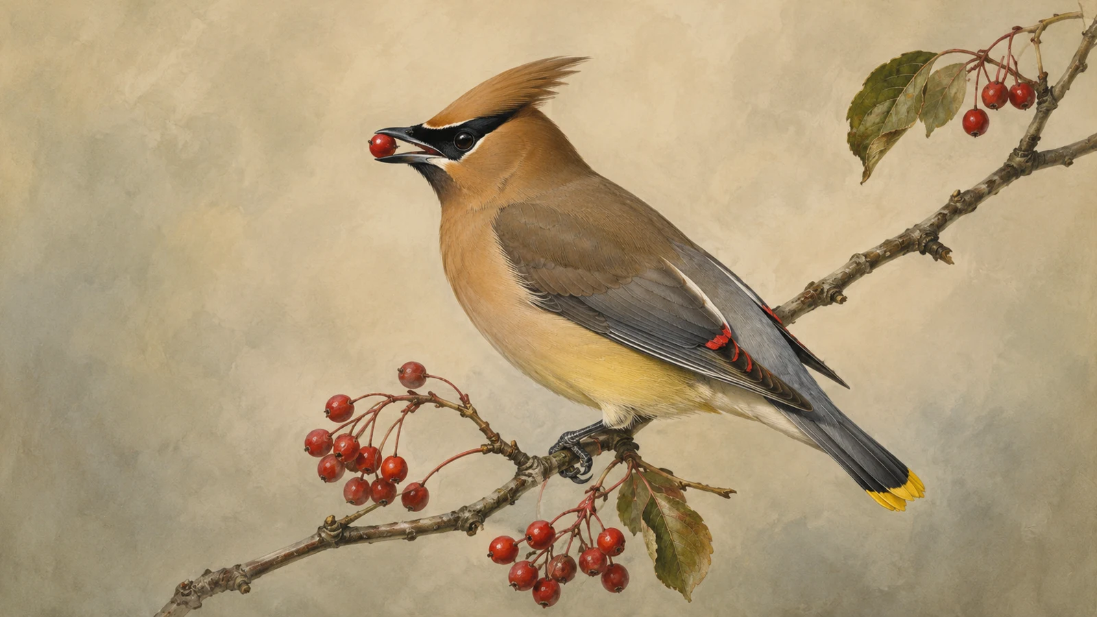 Cedar Waxwing perched on a berry-laden branch in winter, in the Audubon style