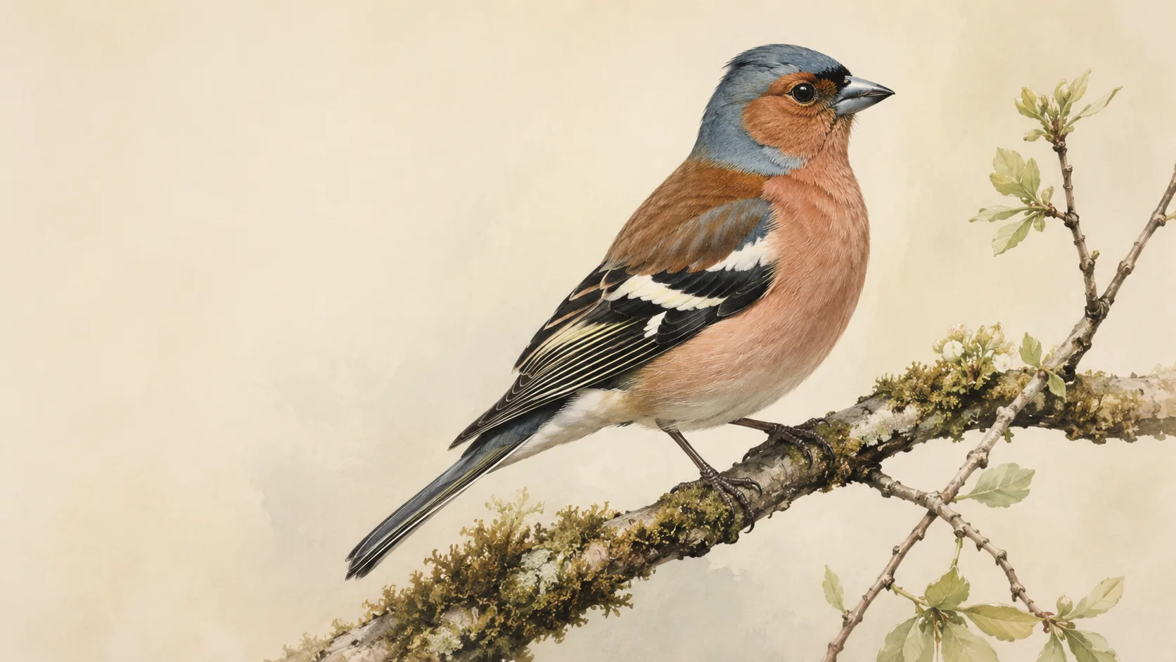 Male Chaffinch perched on a moss-covered branch in spring woodland, in the Audubon style