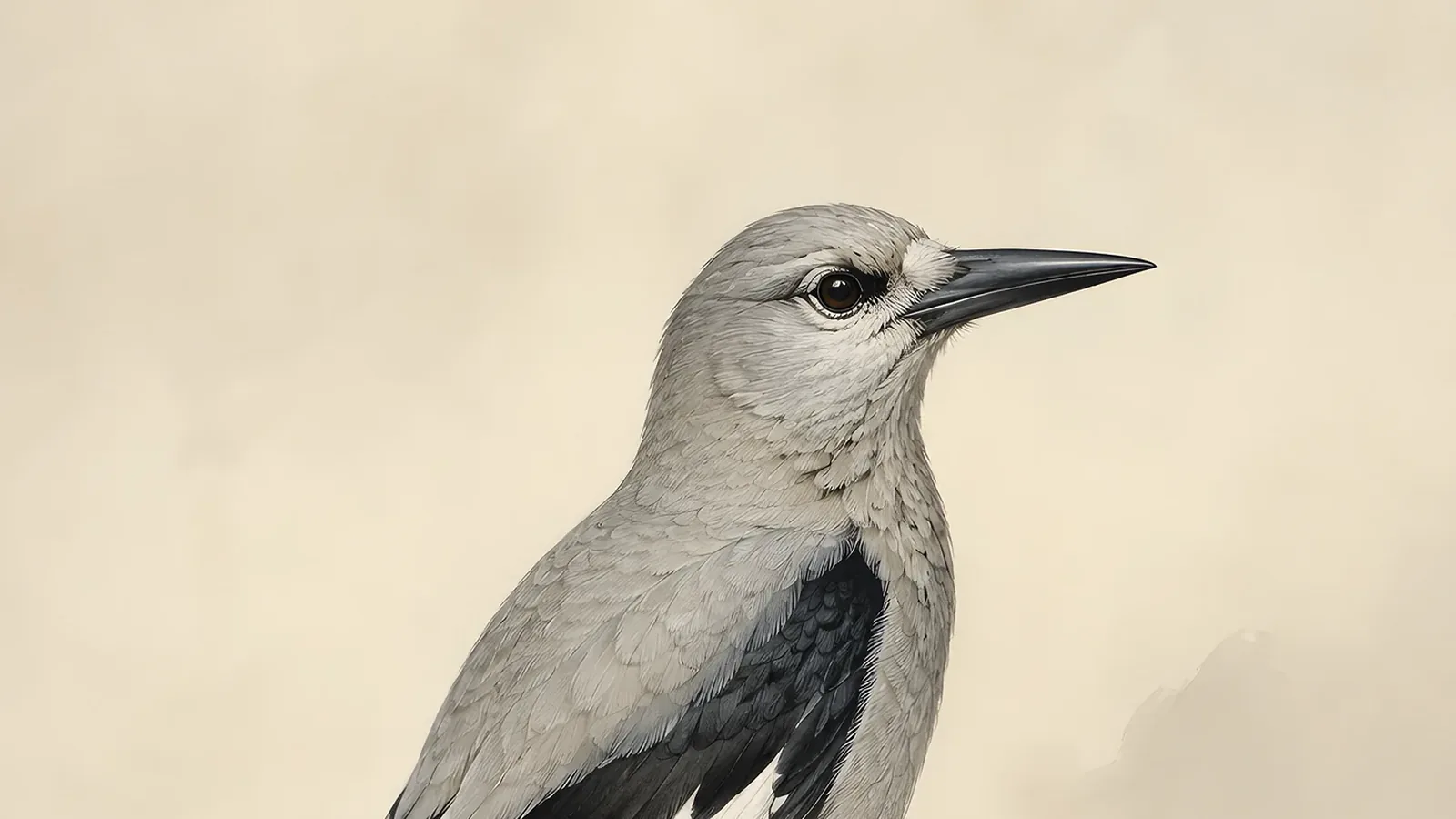 Clark's Nutcracker perched at treeline with a whitebark pine cone, pale grey body and black wings spread, in the Audubon tradition