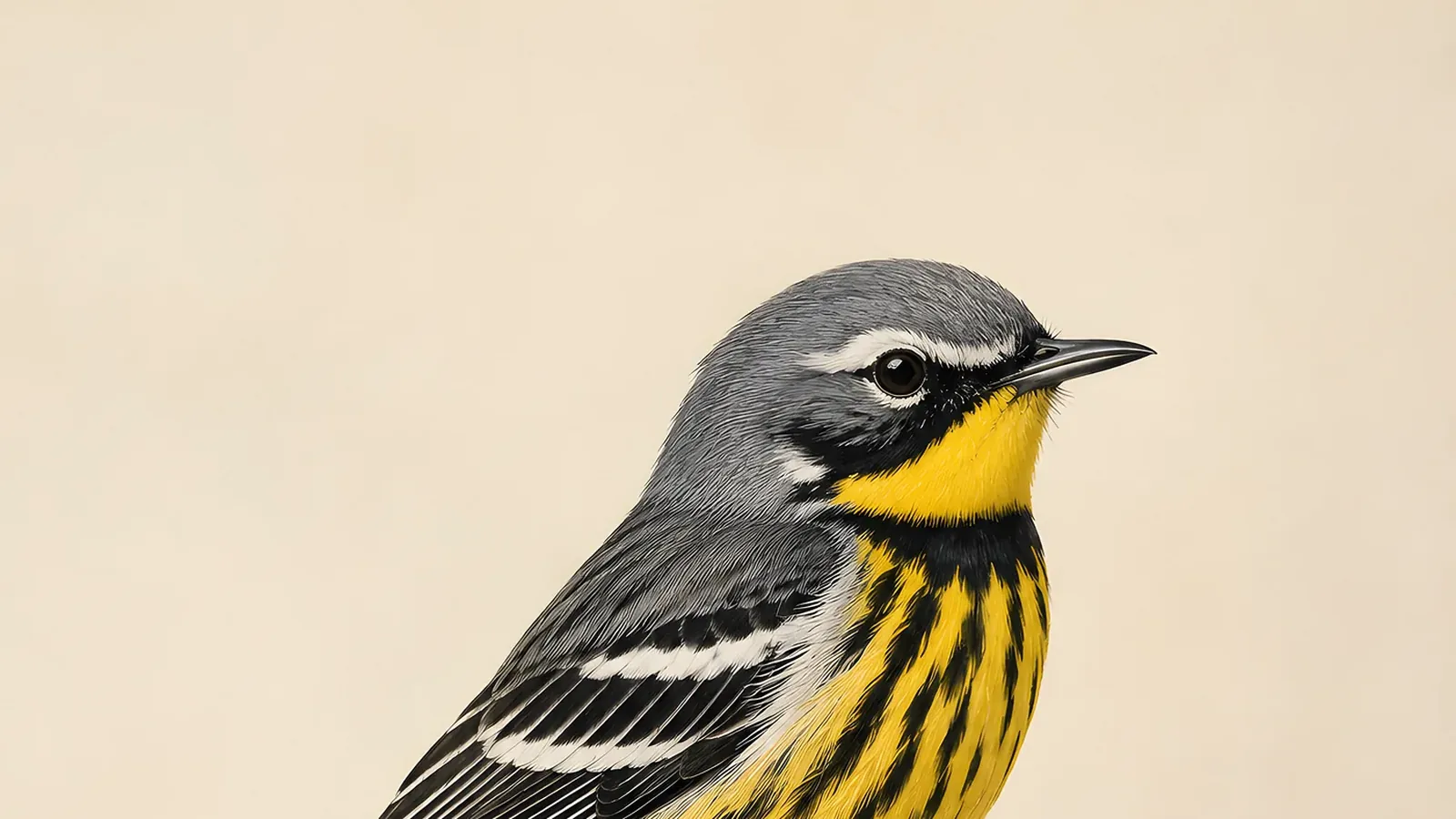 Fine-art plate of a Colima Warbler perched in an oak canyon in the Chisos Mountains, in the Audubon tradition