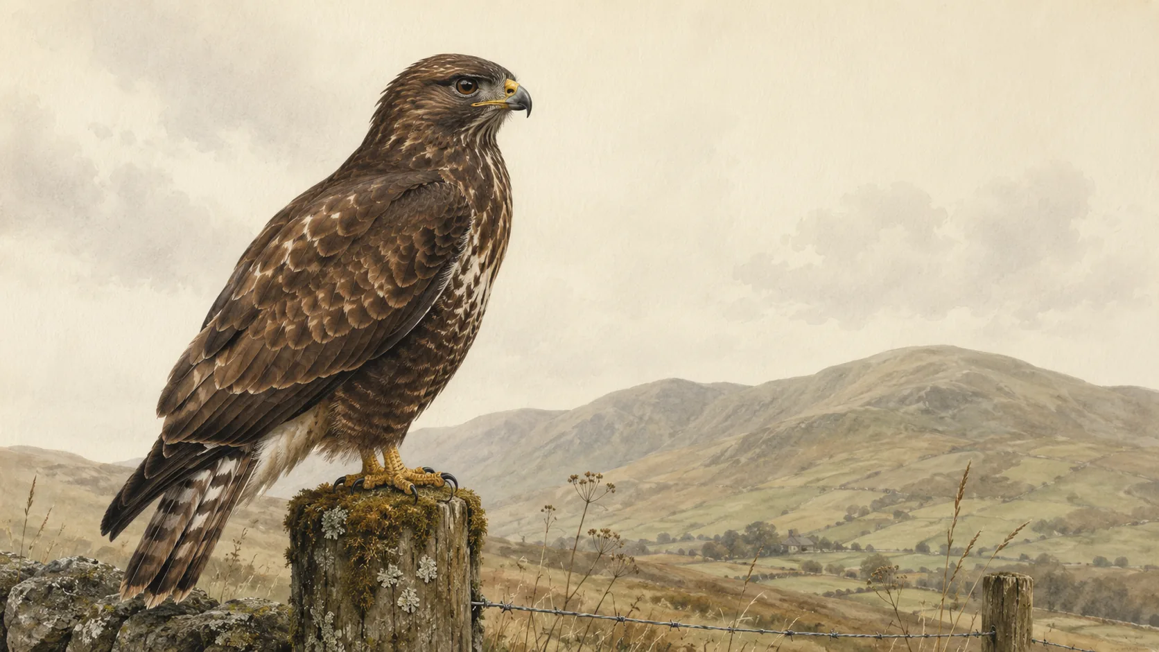 Common Buzzard perched on a mossy fence post at the edge of a Welsh hill farm, plumage variable dark-brown, in the Audubon style