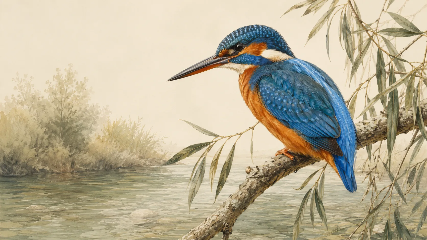 Common Kingfisher perched on a willow branch above a chalk stream, in the Audubon style