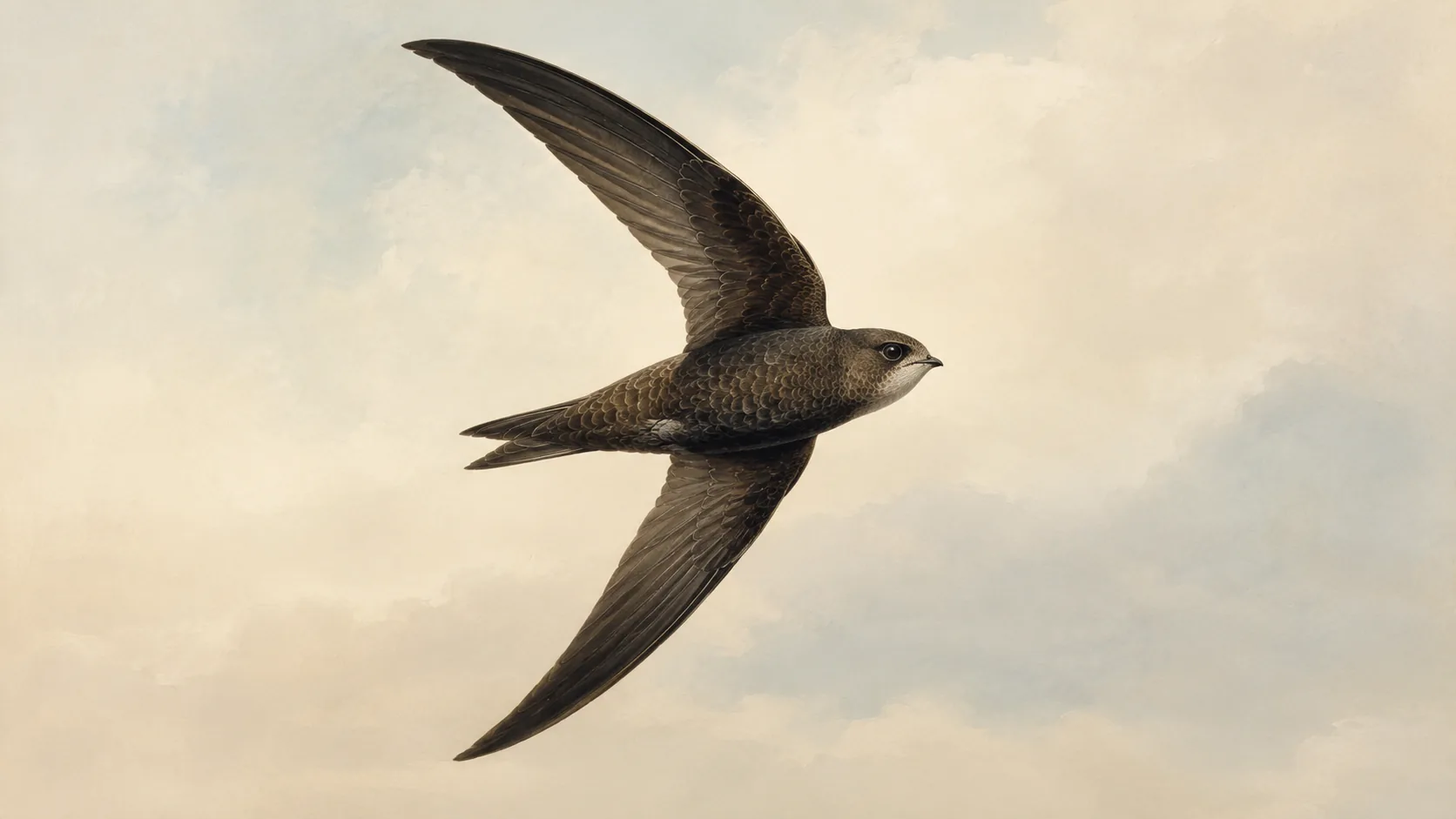 Common Swift in level flight against a pale summer sky, wings swept back in sickle form, in the Audubon style