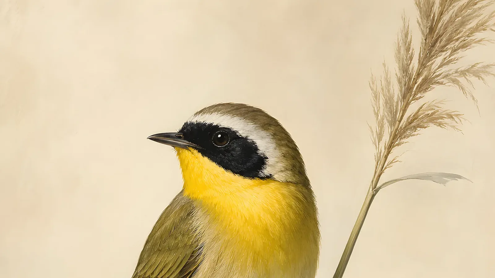 Fine-art plate of a male Common Yellowthroat perched on a cattail stem, broad black mask bordered in white above a vivid yellow throat, in the Audubon tradition