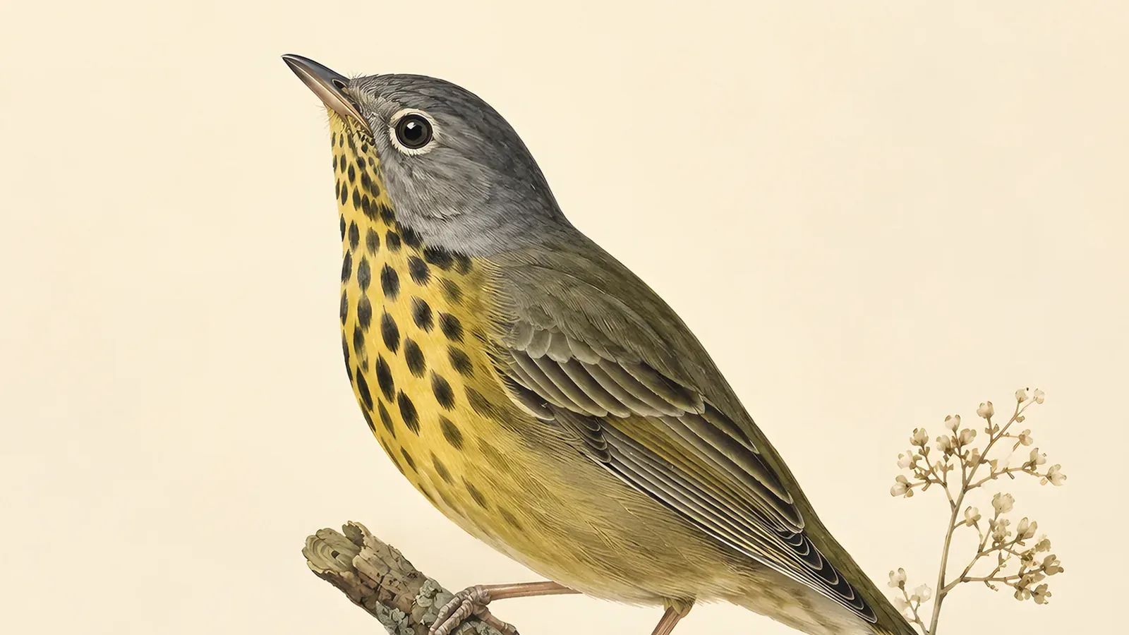 Connecticut Warbler male in breeding plumage, bold white eye-ring on slate-grey hood, olive back, yellow underparts, perched low at the edge of a tamarack bog, in the Audubon style