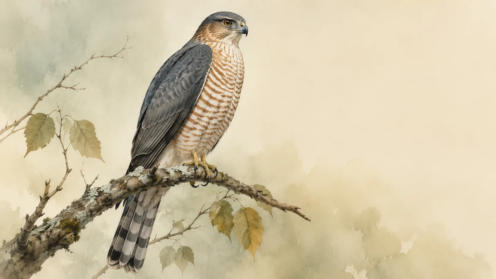 Adult Cooper's Hawk perched on a woodland branch, in the Audubon style on cream paper