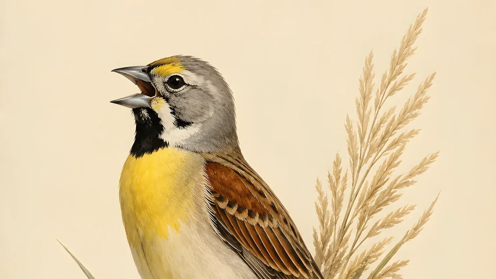 Male Dickcissel perched on a fence wire above a Kansas hayfield, yellow breast and black bib vivid against summer grass, in the Audubon tradition