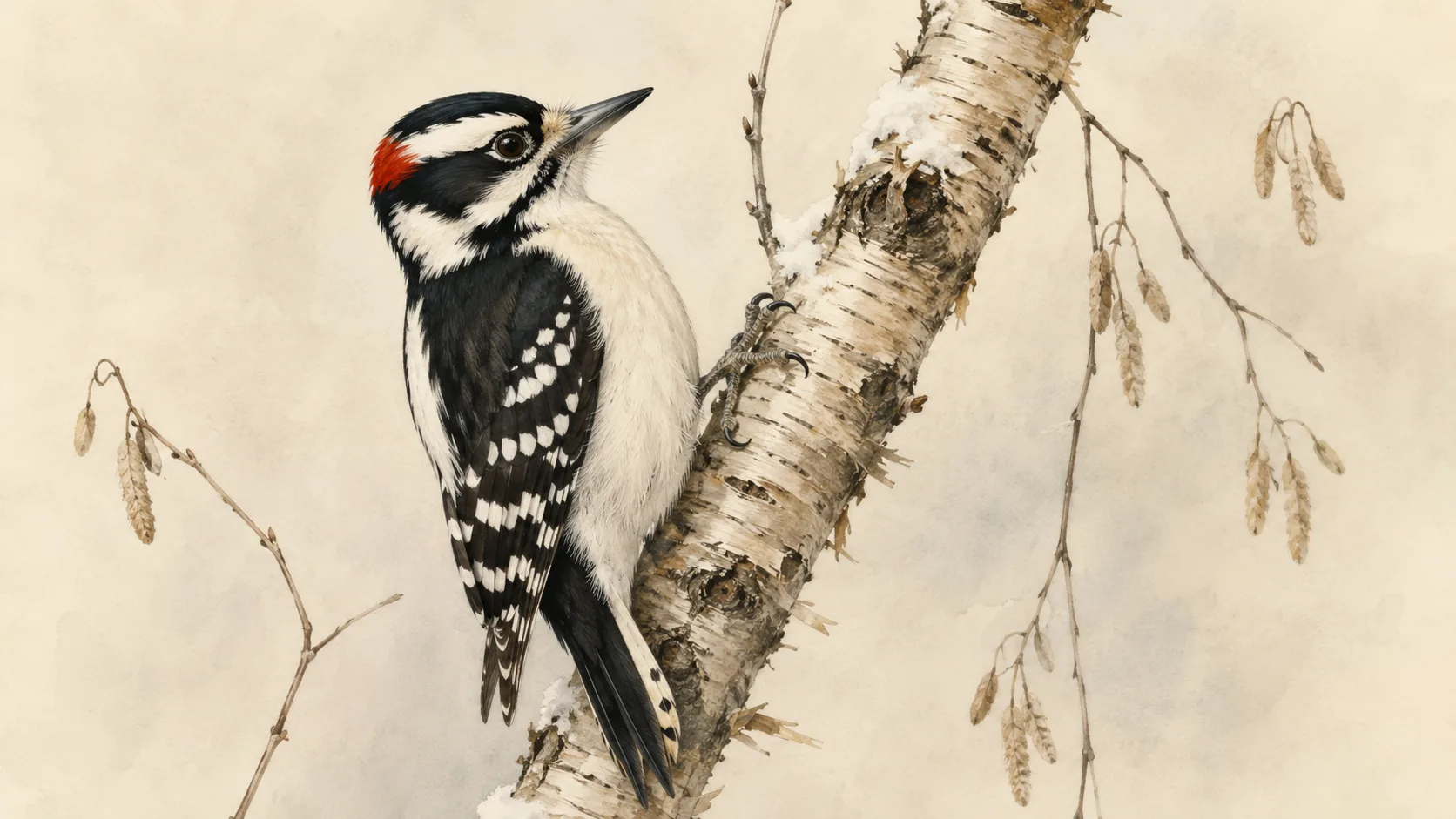 Male Downy Woodpecker clinging to a birch branch in winter, red nape patch visible, in the Audubon style