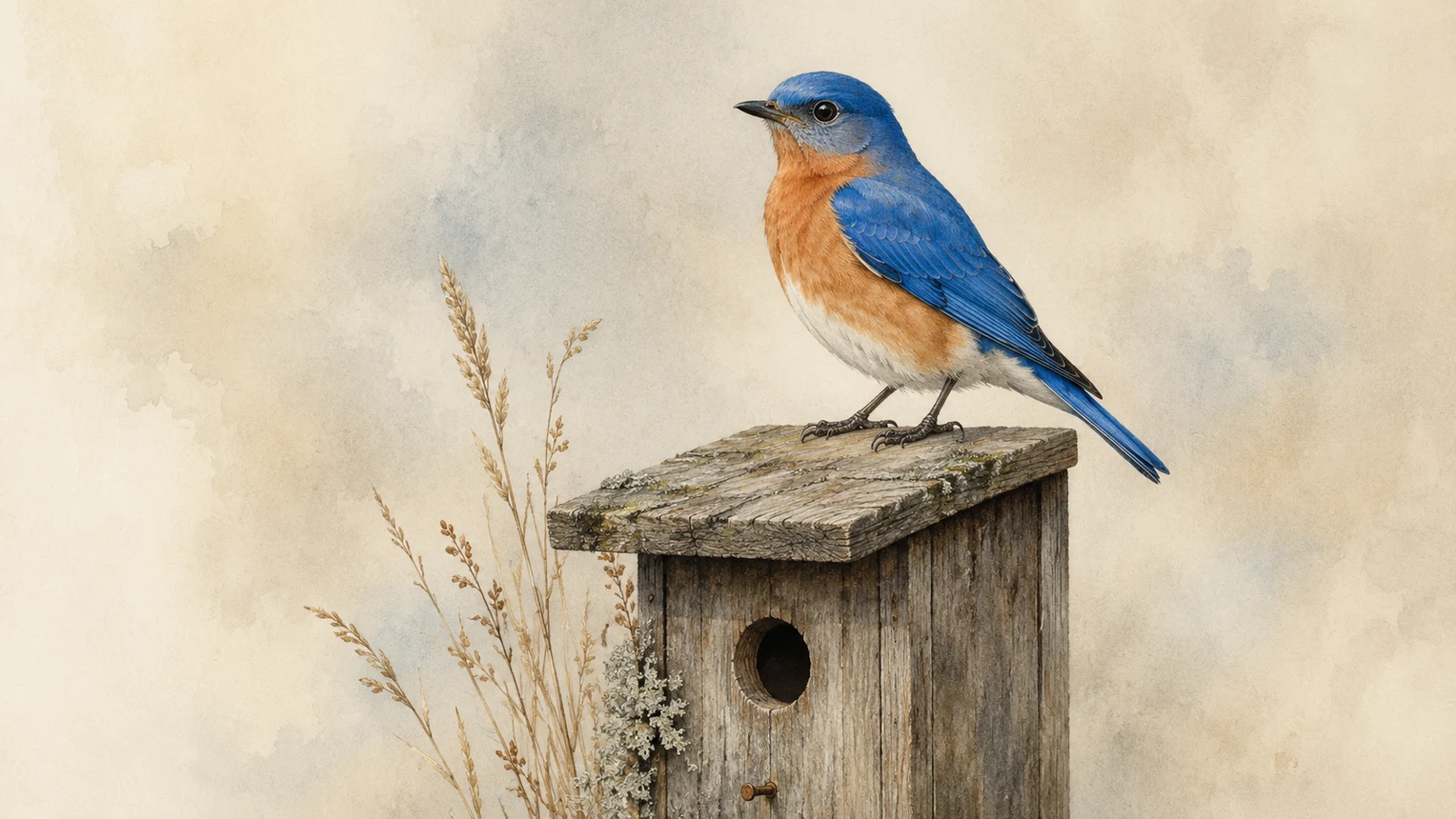 Male Eastern Bluebird perched on a weathered fence post in open farmland, in the Audubon style