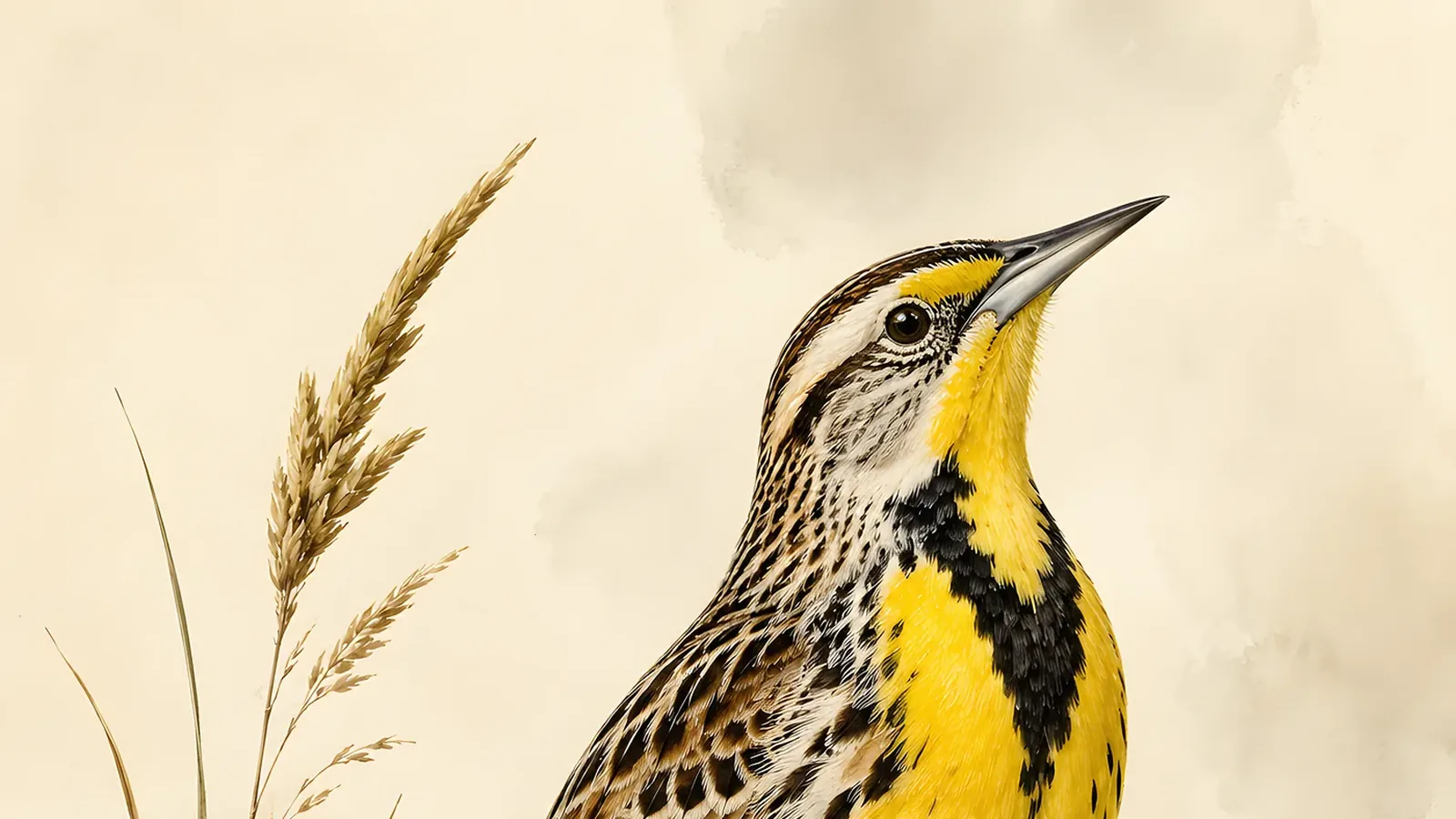 Eastern Meadowlark perched on a wooden fencepost, brilliant yellow breast crossed by a bold black V, in the Audubon field-journal style