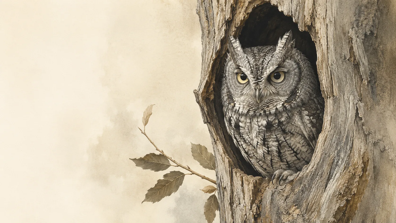 Eastern Screech-Owl in gray morph roosting in a tree cavity opening, in the Audubon style
