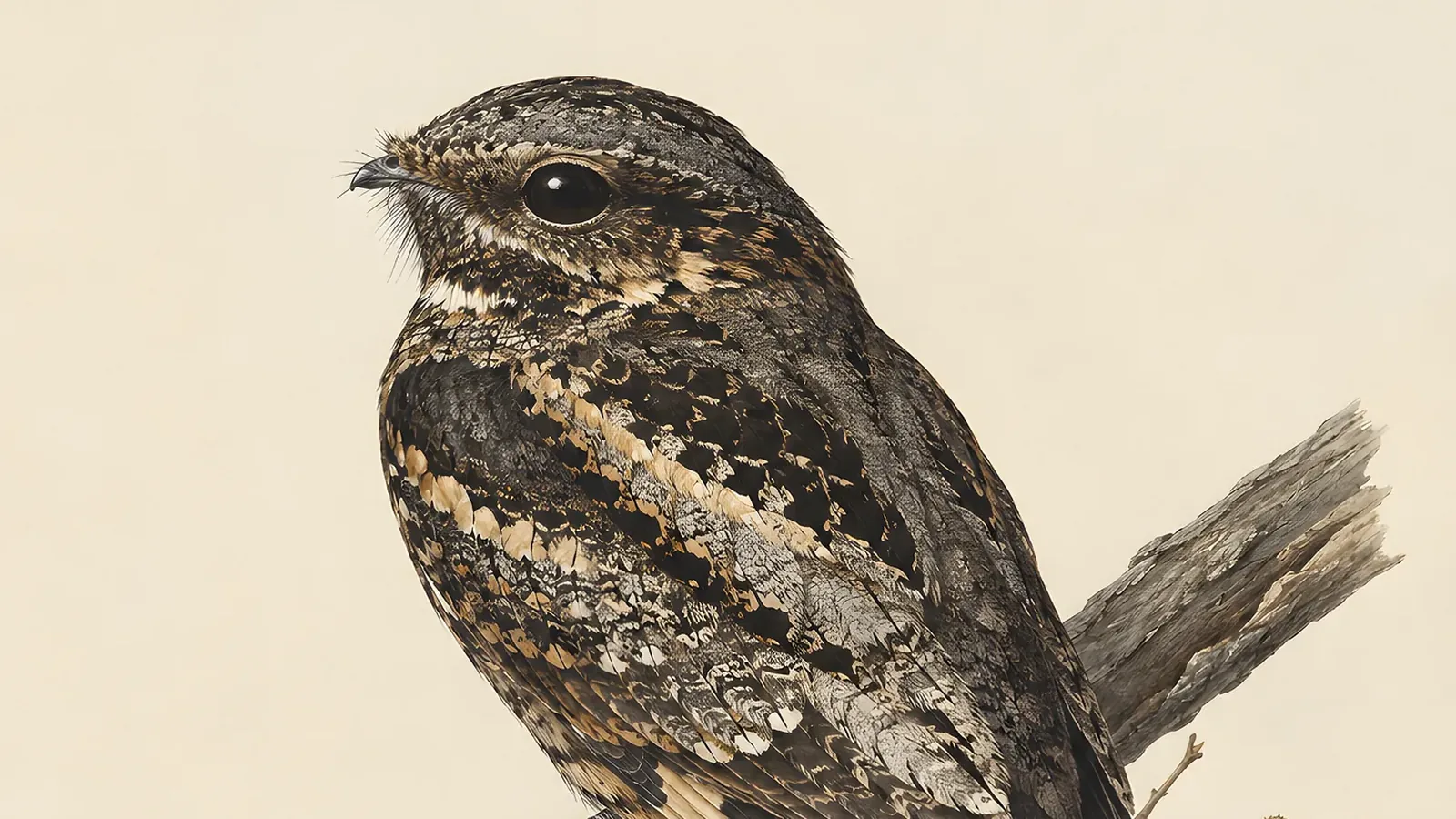 Eastern Whip-poor-will resting motionless on a dead-leaf-covered forest floor, its cryptic grey-brown plumage invisible against the duff, in the Audubon tradition