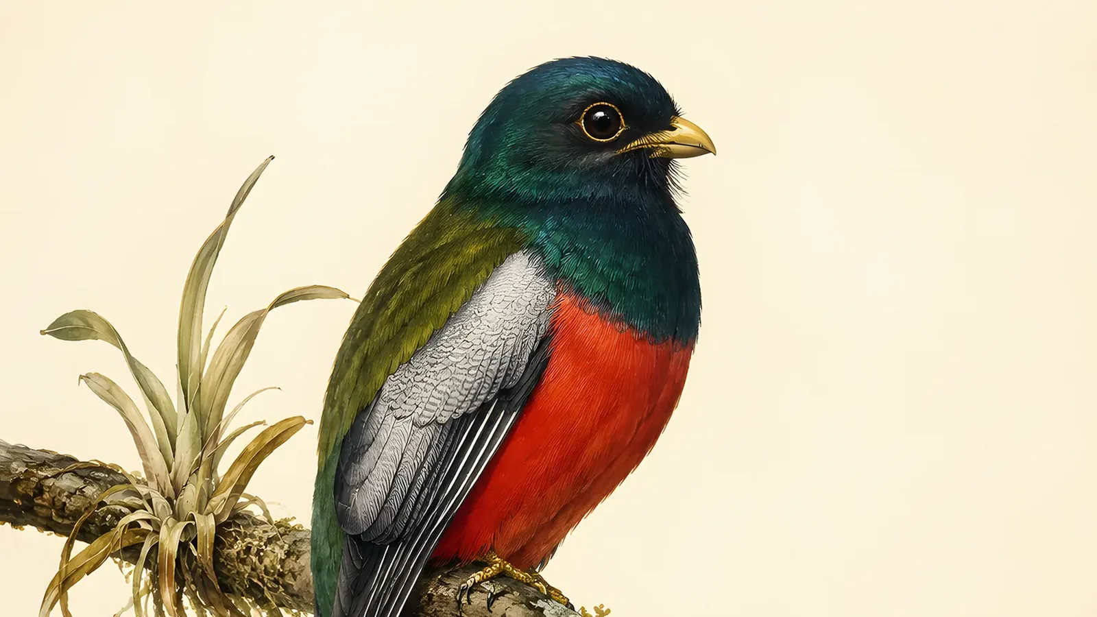 Male Elegant Trogon perched in a sycamore canyon, metallic green head, rose-red belly and coppery tail, in the Audubon style